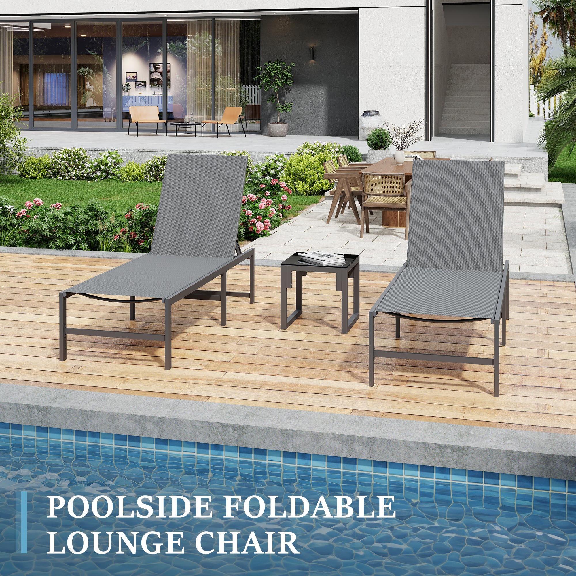 Outdoor Foldable Lounge Chair Set of 2 with Table Pool Lounge Chairs for Outside, Adjustable Lounger for Poolside Lawn Deck Lay Flat Sunbathing Backrest for Patio, Beach, Yard(Grey)