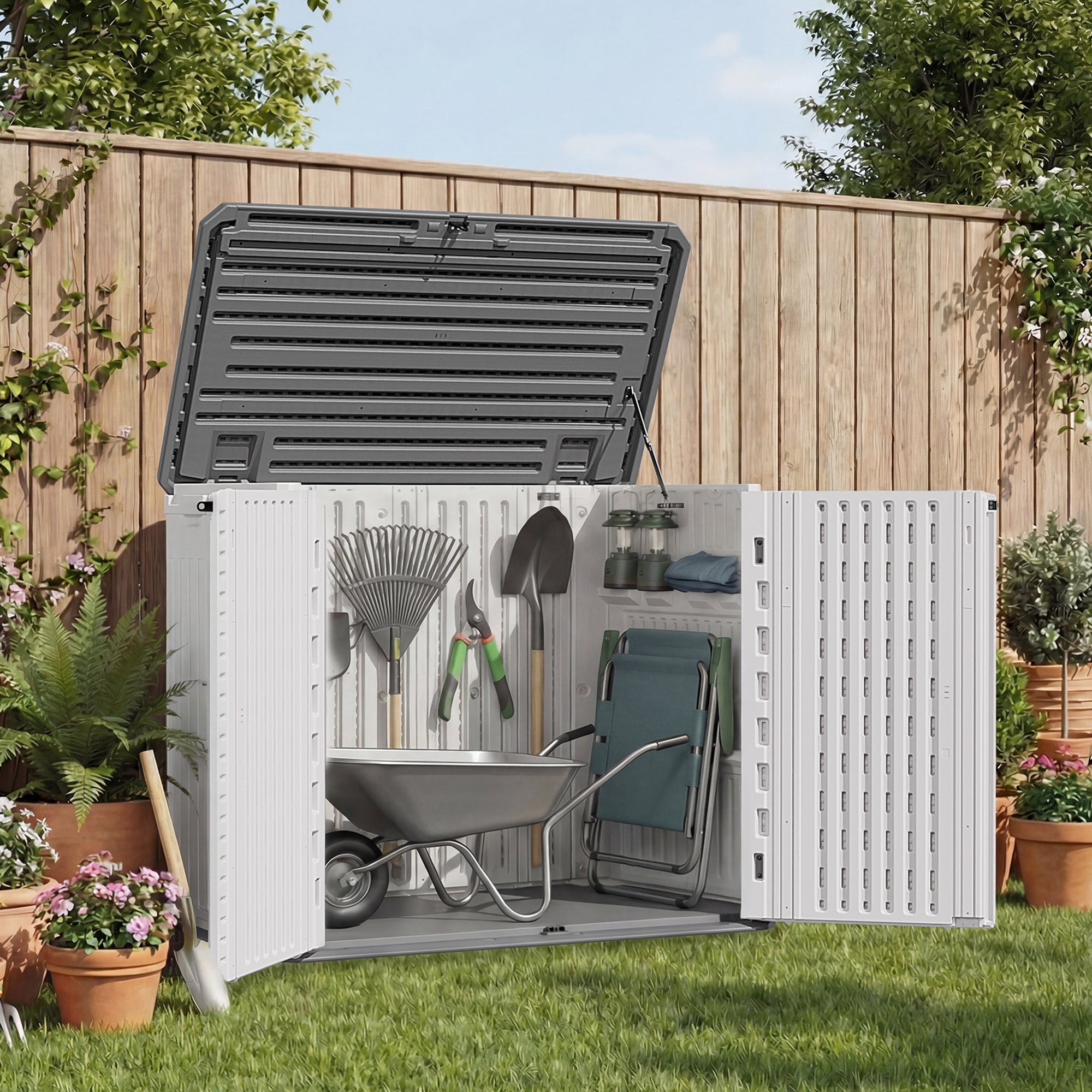UDPATl0 34 Cu.Ft Resin Outdoor Storage Shed, Patio Plastic Vertical Sheds with Floor, Waterproof Bin Shed Horizontal Storage Cabinet for Patio, Backyards, Garden, Pool, Tool Shed
