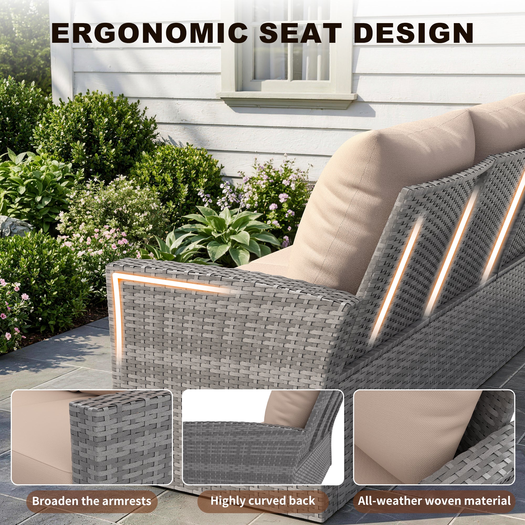 UDPATIO Wicker Patio Furniture Set,Gray PE Rattan Patio Sofa Set with coffee table,Multi-person Outdoor Sectional Conversation Sets for Balcony, Porch, Backyard, Beige