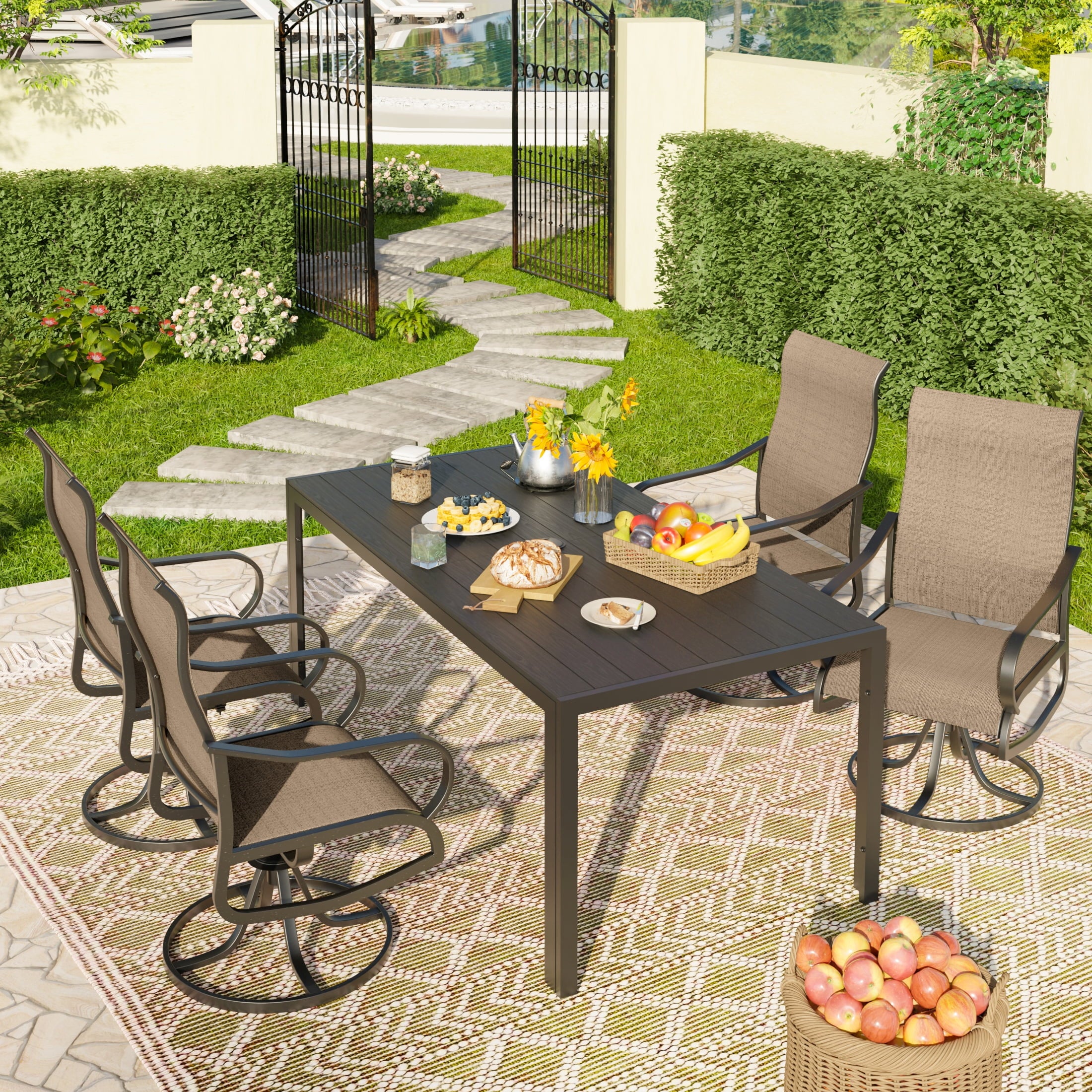 UDPATIO 5-Piece Outdoor Dining Set with High-Back Swivel Chairs & Iron Rectangle Table for 4-Person, Black & Khaki