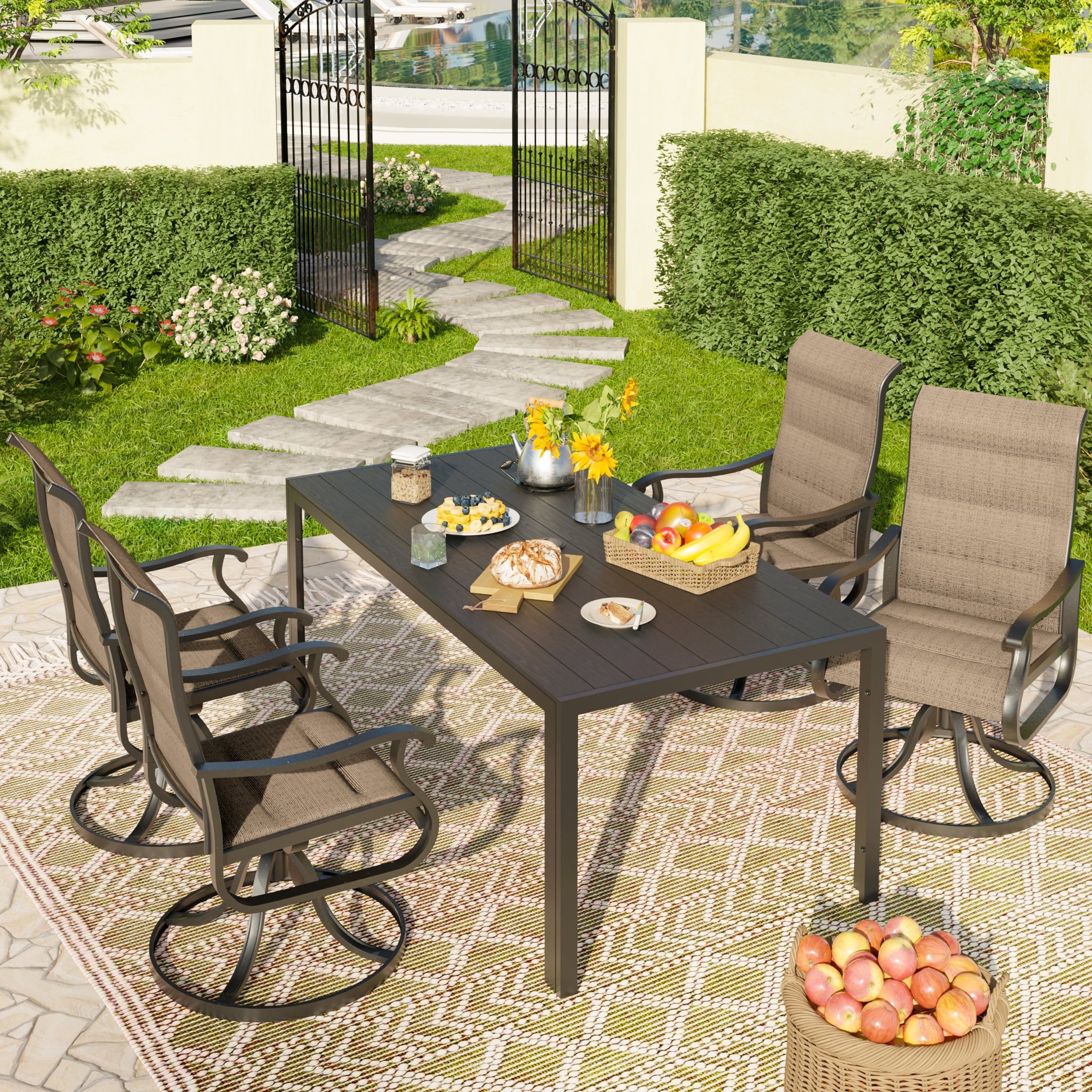 UDPATIO 5-Piece Outdoor Dining Set with High-Back Swivel Padded Chairs & Iron Rectangle Table for 4-Person, Black & Khaki