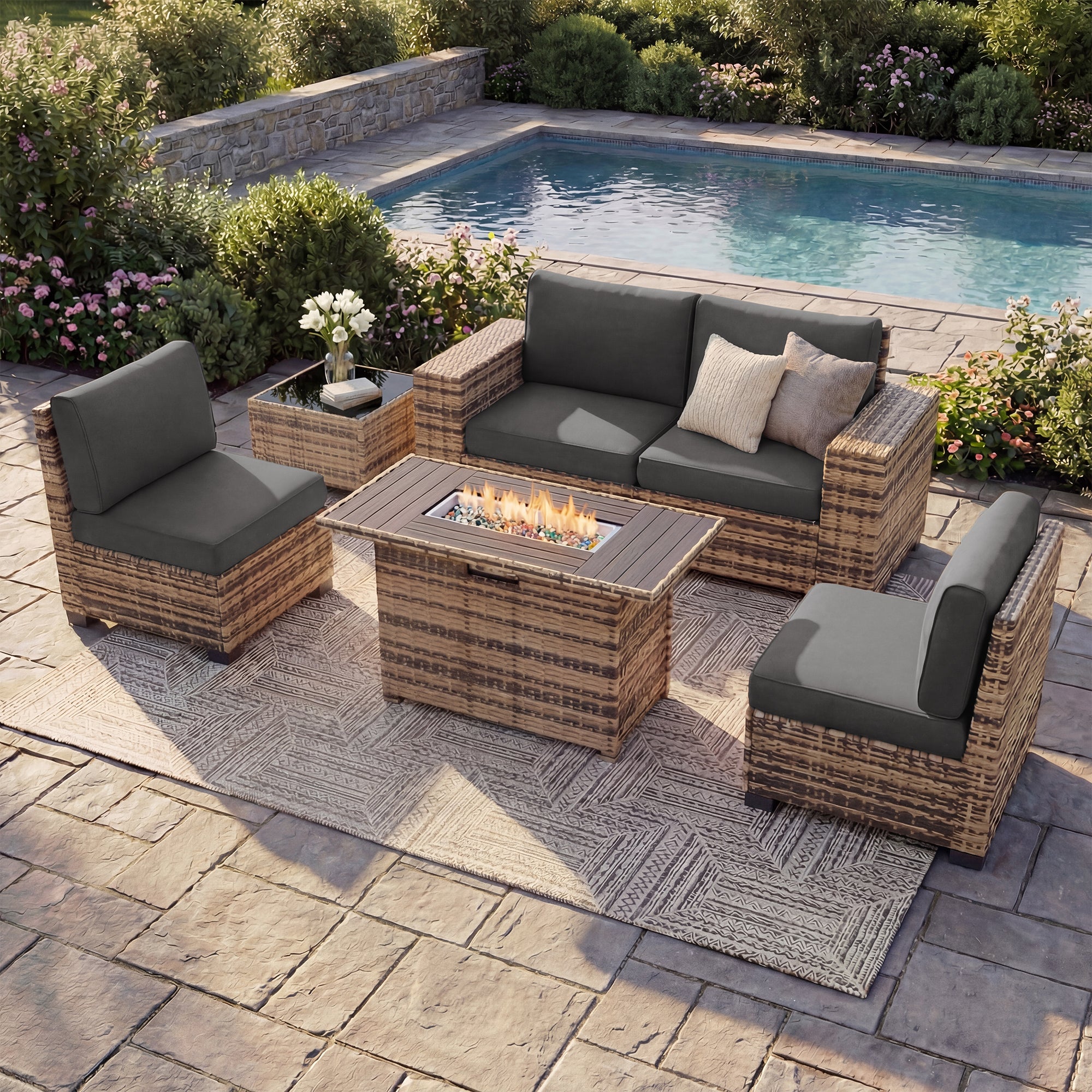 UDPATIO Patio Furniture Set with Fire Pit Table, 8 Inch Armrest Outdoor Sectional Sofas, 6 Piece All-Weather Wicker Conversation for Garden, Backyard
