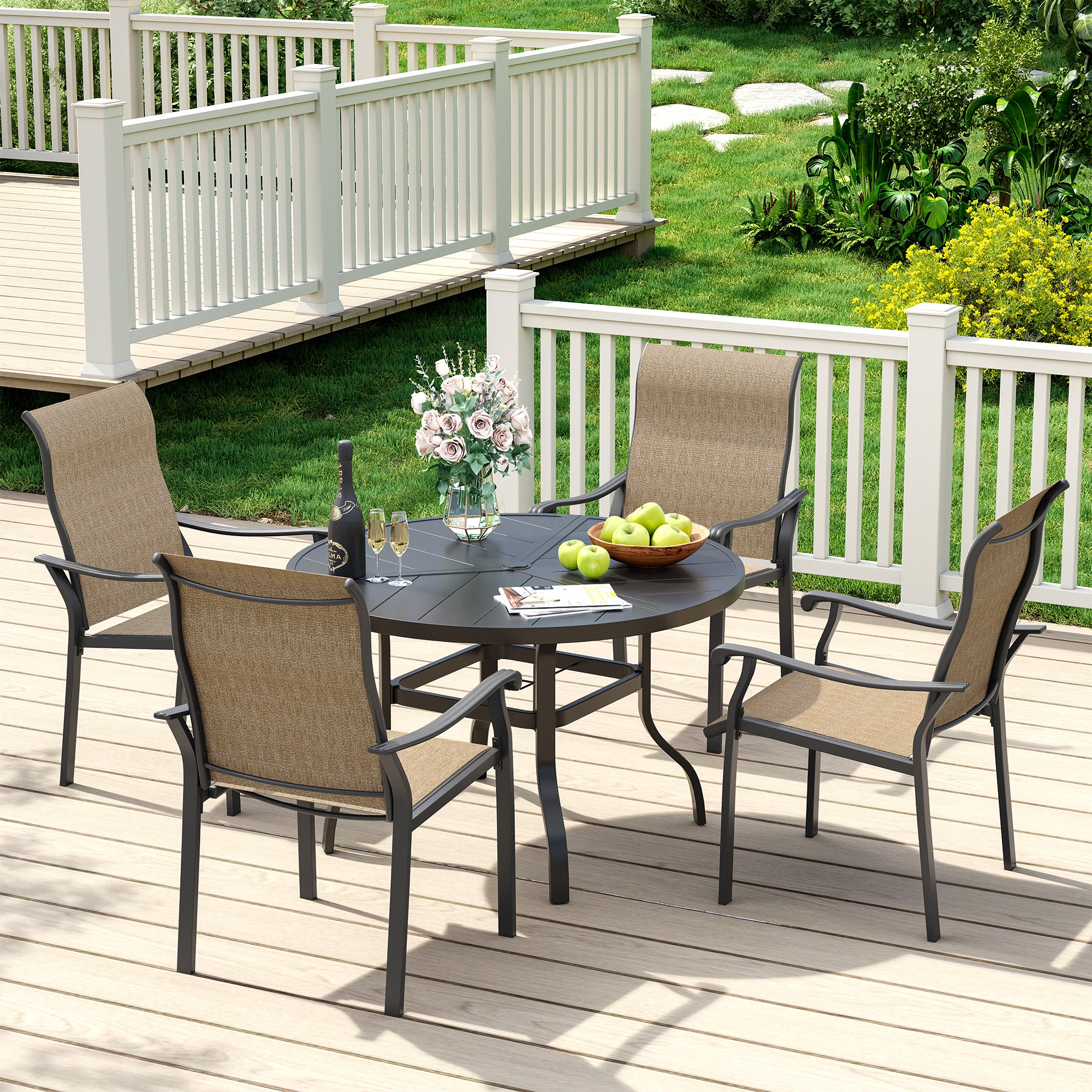 UDPATIO 5 Piece Patio Dining Set for 4, Patio Outdoor Table and Chairs, 39" Black Round Table with Umbrella Hole, Brown Patio Chairs, Patio Dining Set Outdoor Dining Set for Lawn, Backyard, Deck