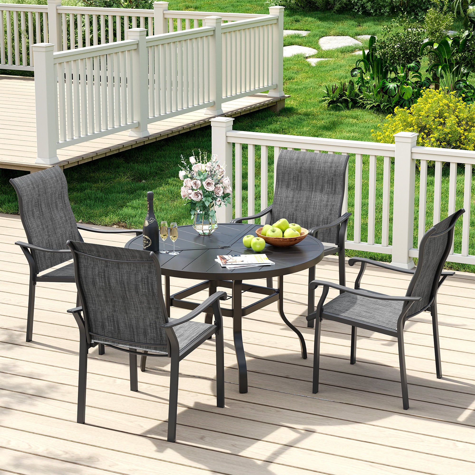 UDPATIO 5 Piece Patio Dining Set for 4, Patio Outdoor Table and Chairs, 39" Black Round Table with Umbrella Hole, Gray Patio Chairs, Patio Dining Set Outdoor Dining Set for Lawn, Backyard, Deck