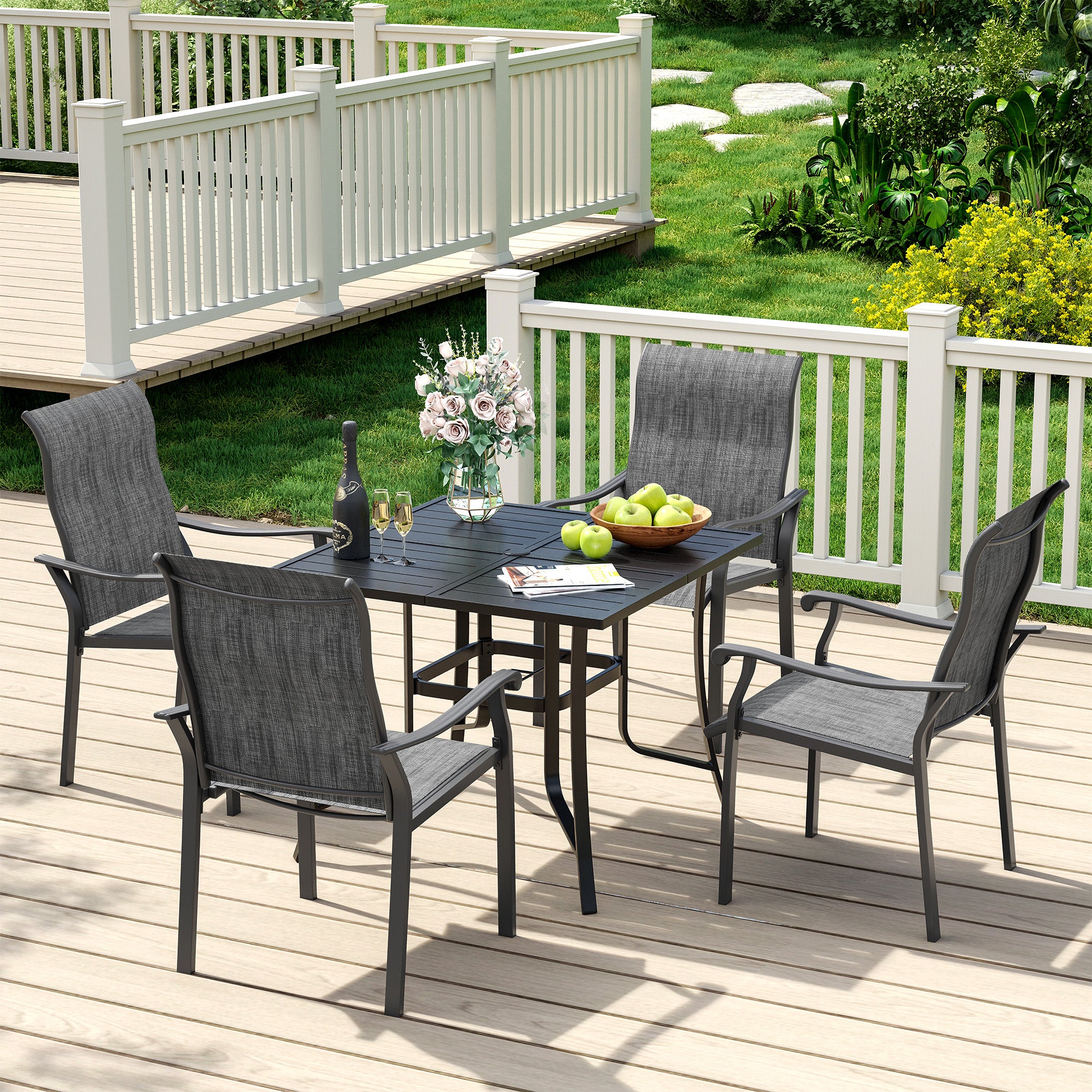 UDPATIO 5 Piece Patio Dining Set for 4, 37" Black Square Table with Umbrella Hole, Metal Gray Patio Chairs Set of 4, Patio Outdoor Table and Chair Set, Outside Dining Set for Lawn, Backyard
