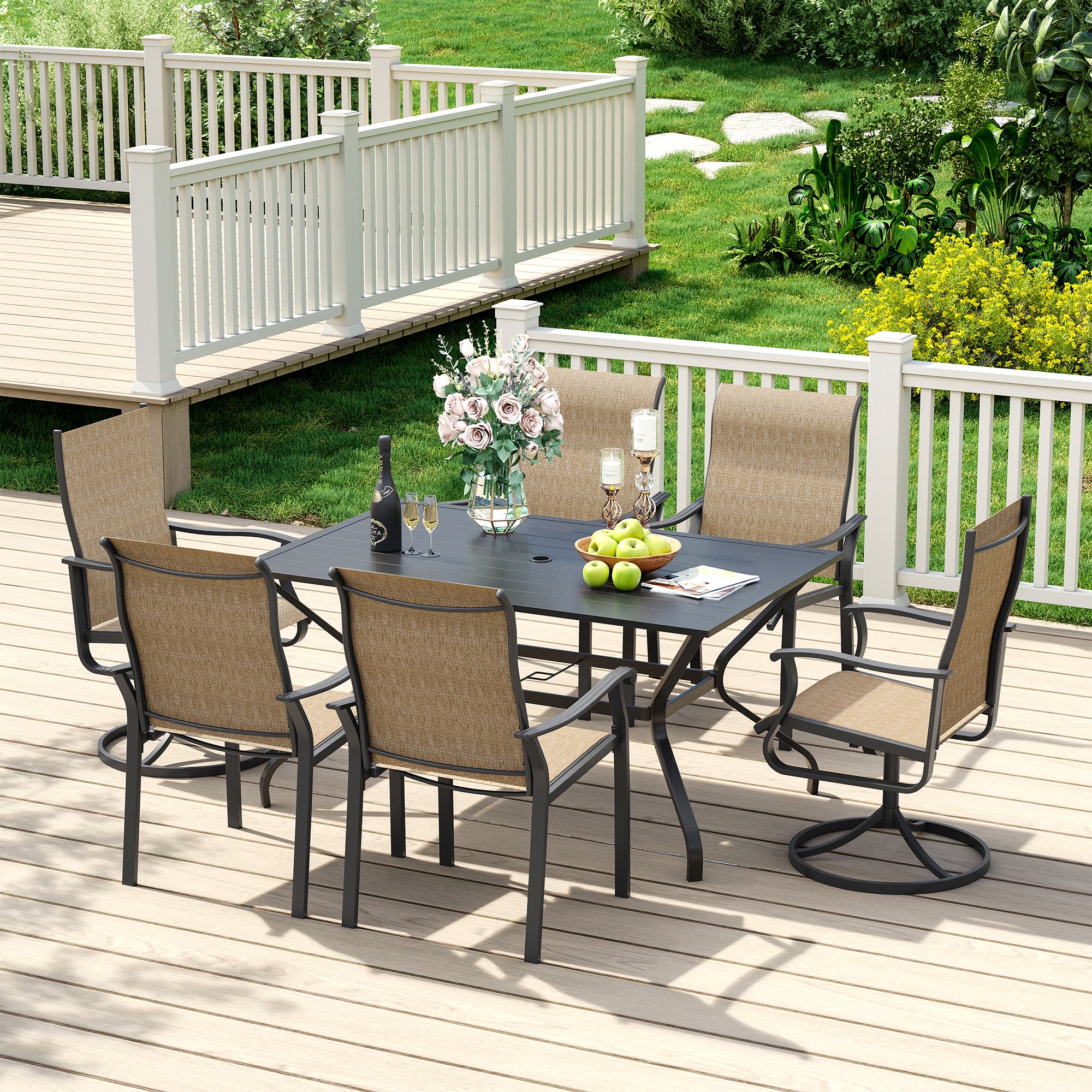 UDPATIO 7 Piece Patio Dining Set for 6, Patio Outdoor Table and Chairs, 59"×38" Black Table with Umbrella Hole, Brown Patio Chairs, Patio Outdoor Dining Set for Lawn, Backyard, Deck
