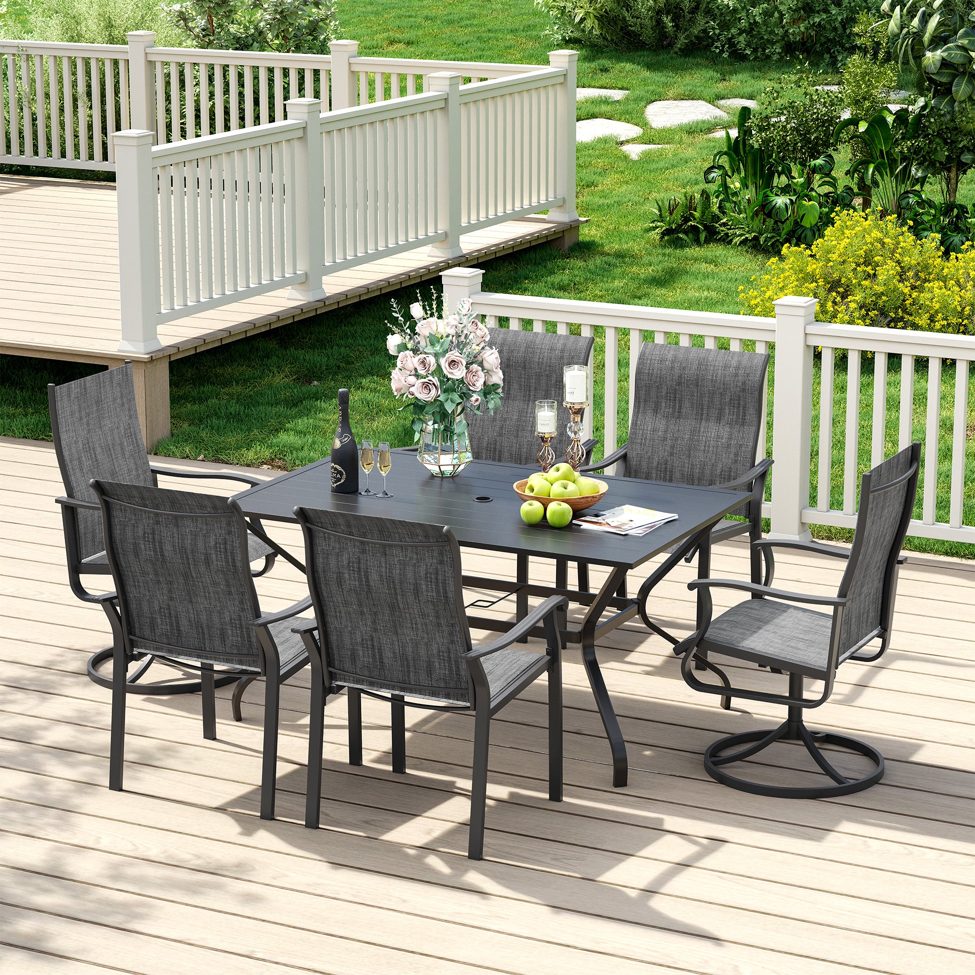 UDPATIO 7 Piece Patio Dining Set for 6, Patio Outdoor Table and Chairs, 59"×38" Black Table with Umbrella Hole, Gray Patio Chairs Set of 6, Patio Outdoor Dining Set for Lawn, Backyard, Deck