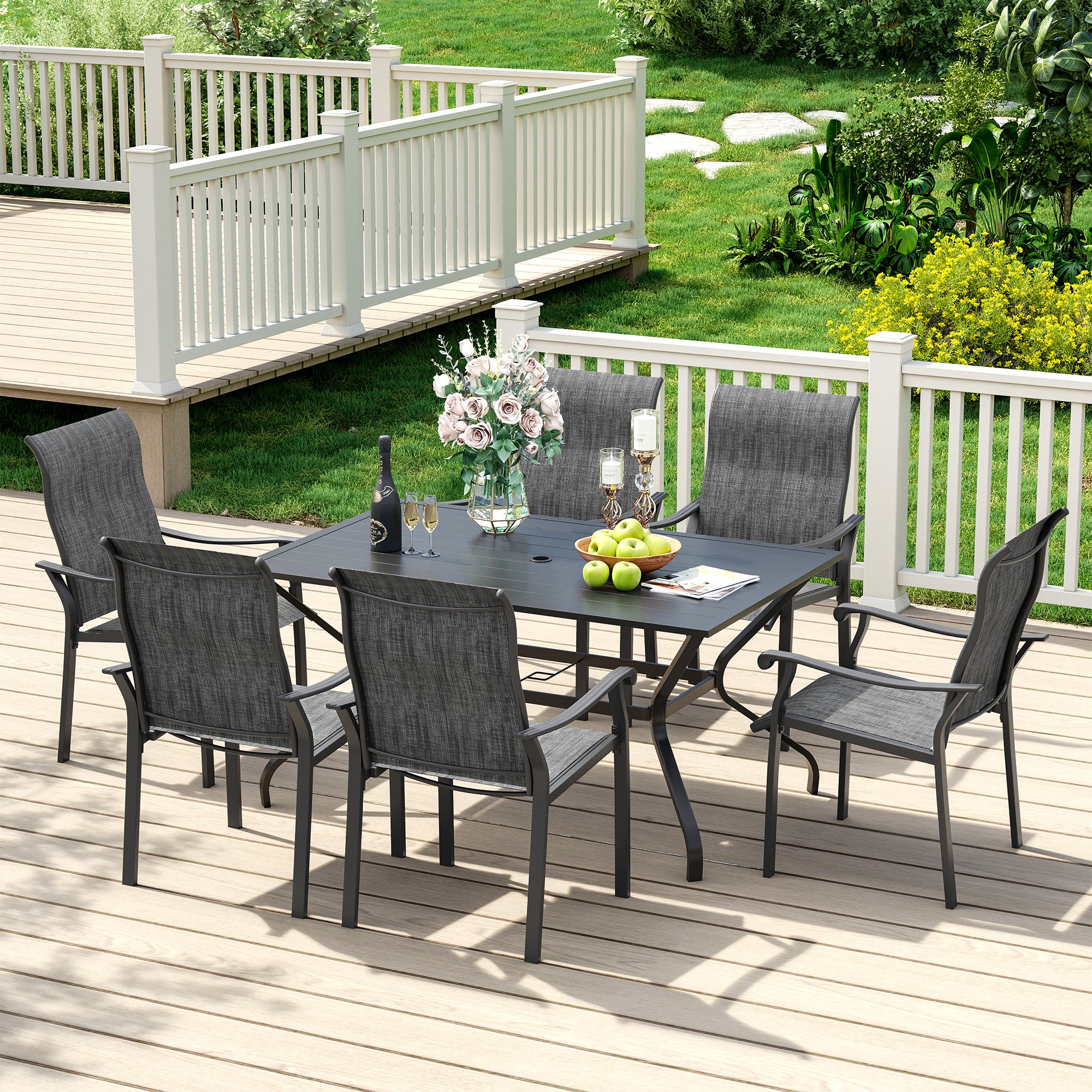 UDPATIO 7 Piece Patio Dining Set for 6, Patio Outdoor Table and Chairs, 59"×38" Black Table with Umbrella Hole, Gray Patio Chairs Set of 6, Patio Outdoor Dining Set for Lawn, Backyard, Deck