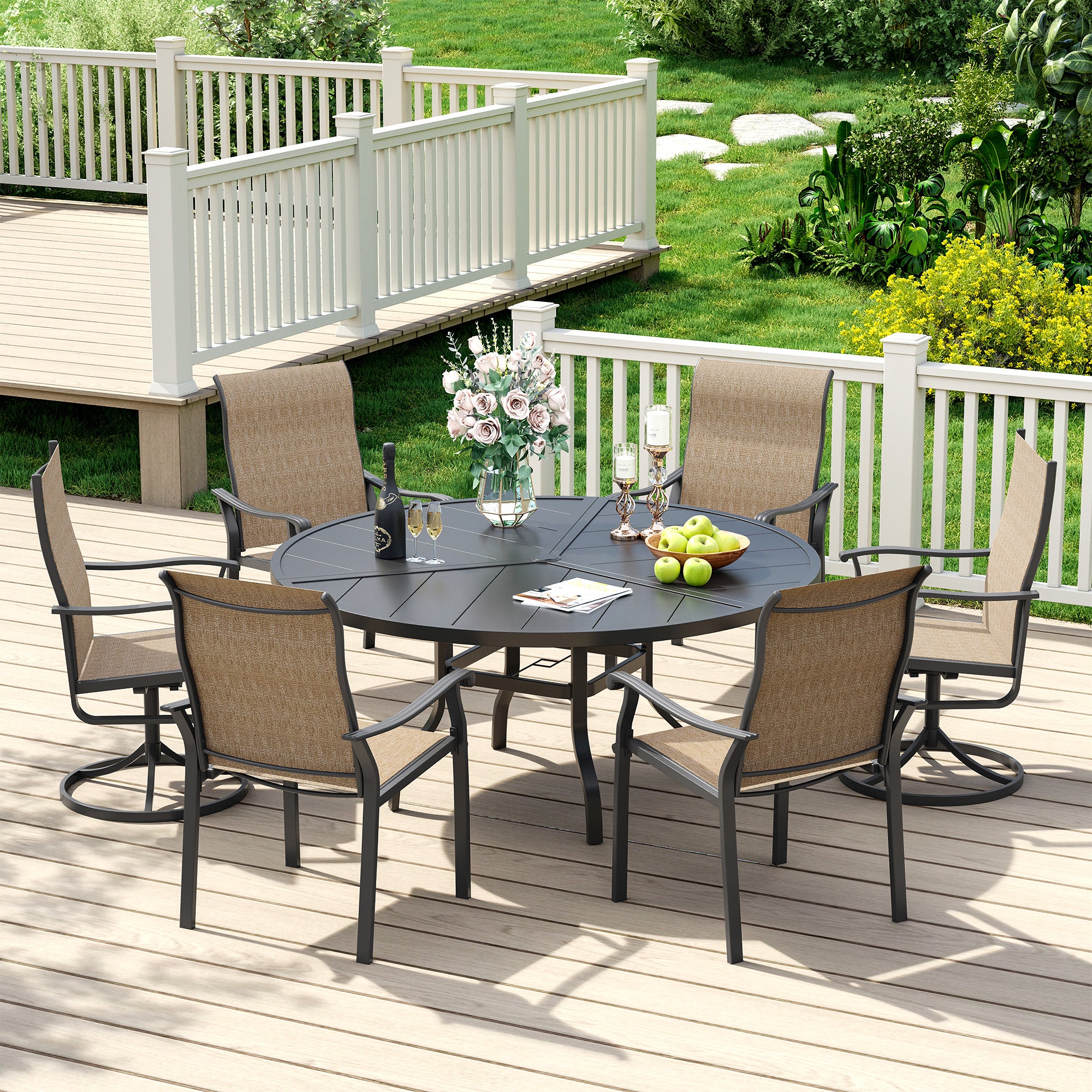 UDPATIO 7 Piece Patio Dining Set for 6, Patio Outdoor Table and Chairs, 51" Black Round Table with Umbrella Hole, Brown Patio Chairs, Patio Dining Set Outdoor Dining Set for Lawn, Backyard, Deck