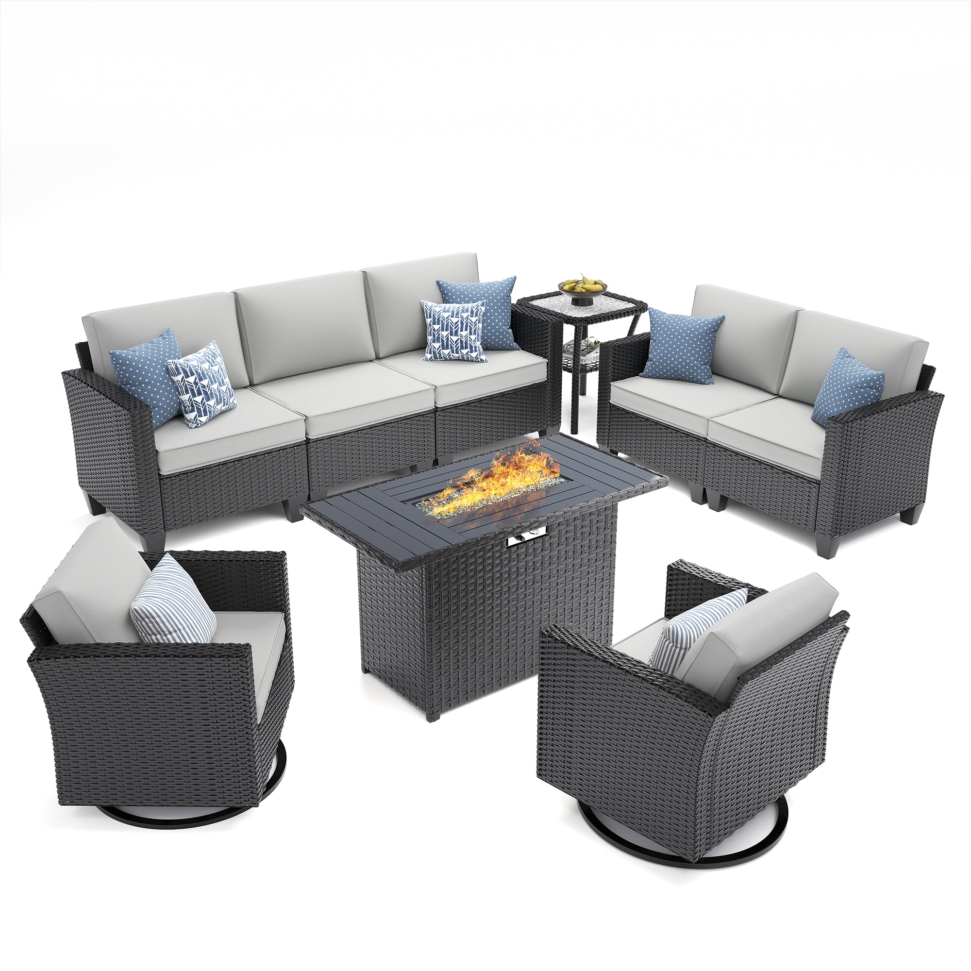 UDPATIO Patio Furniture Set with Fire Pit Table and Swivel Rocking Chairs, 6 Pieces Outdoor Wicker Furniture Set with Waterproof Cover, 4'' Thickened Cushion, Light Grey