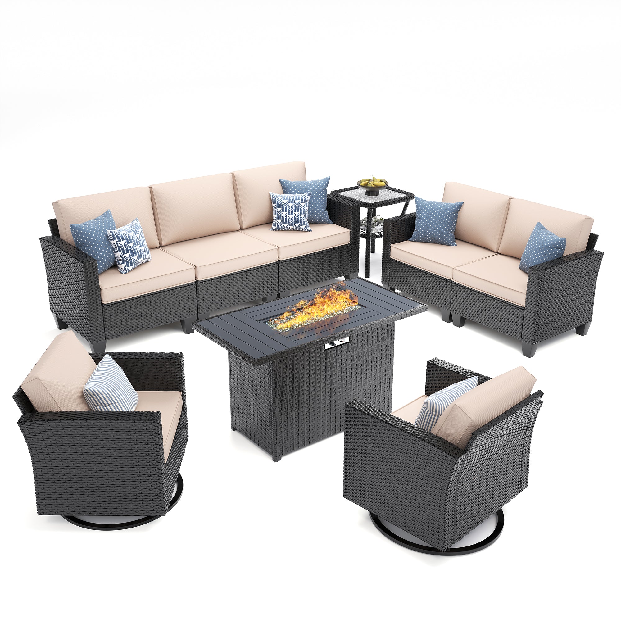 UDPATIO Patio Furniture Set with Fire Pit Table and Swivel Rocking Chairs, 6 Pieces Outdoor Wicker Furniture Set with Waterproof Cover, 4'' Thickened Cushion, Khak