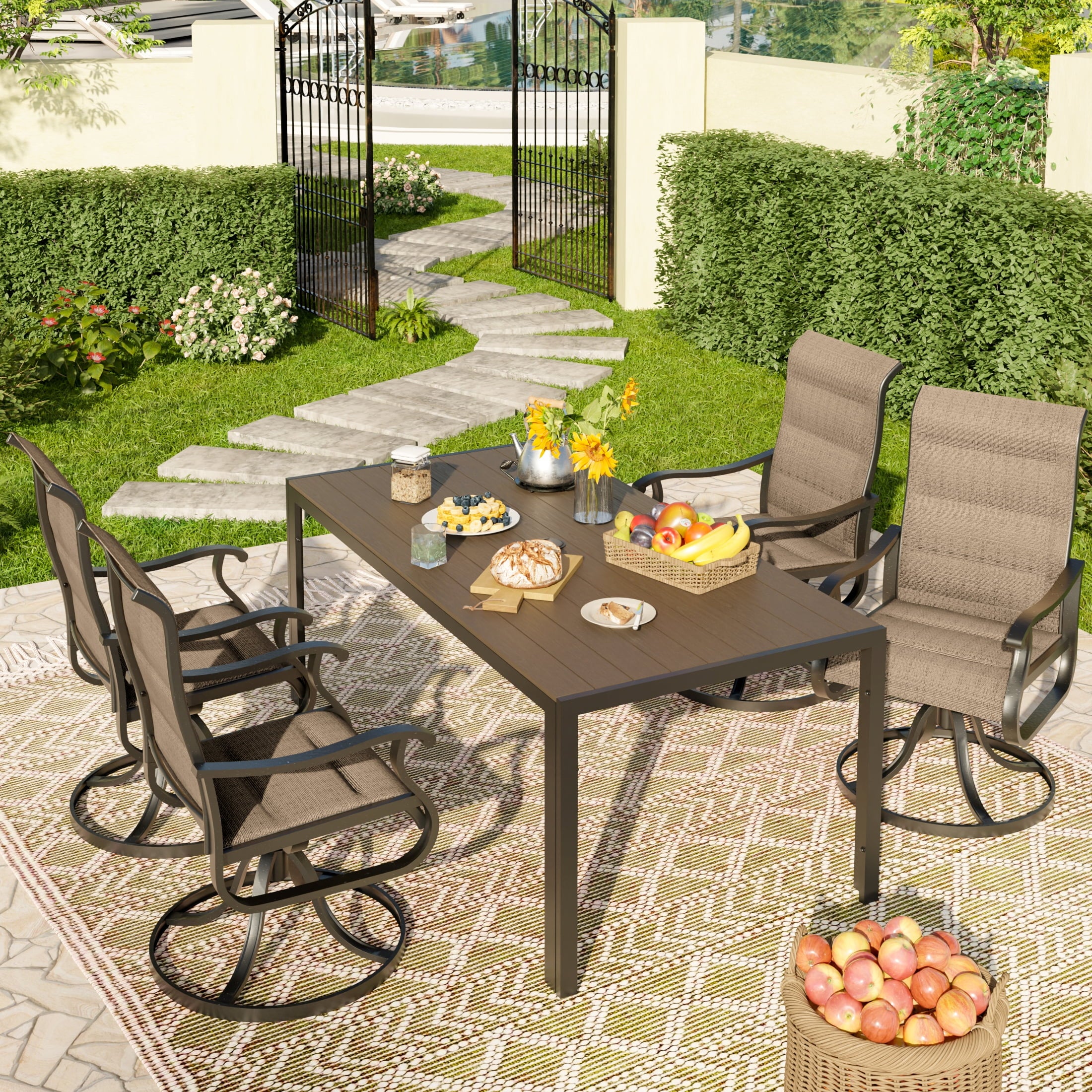 UDPATIO 5-Piece Outdoor Dining Set with High-Back Swivel Padded Chairs & Iron Rectangle Table for 4-Person, Brown & Khaki