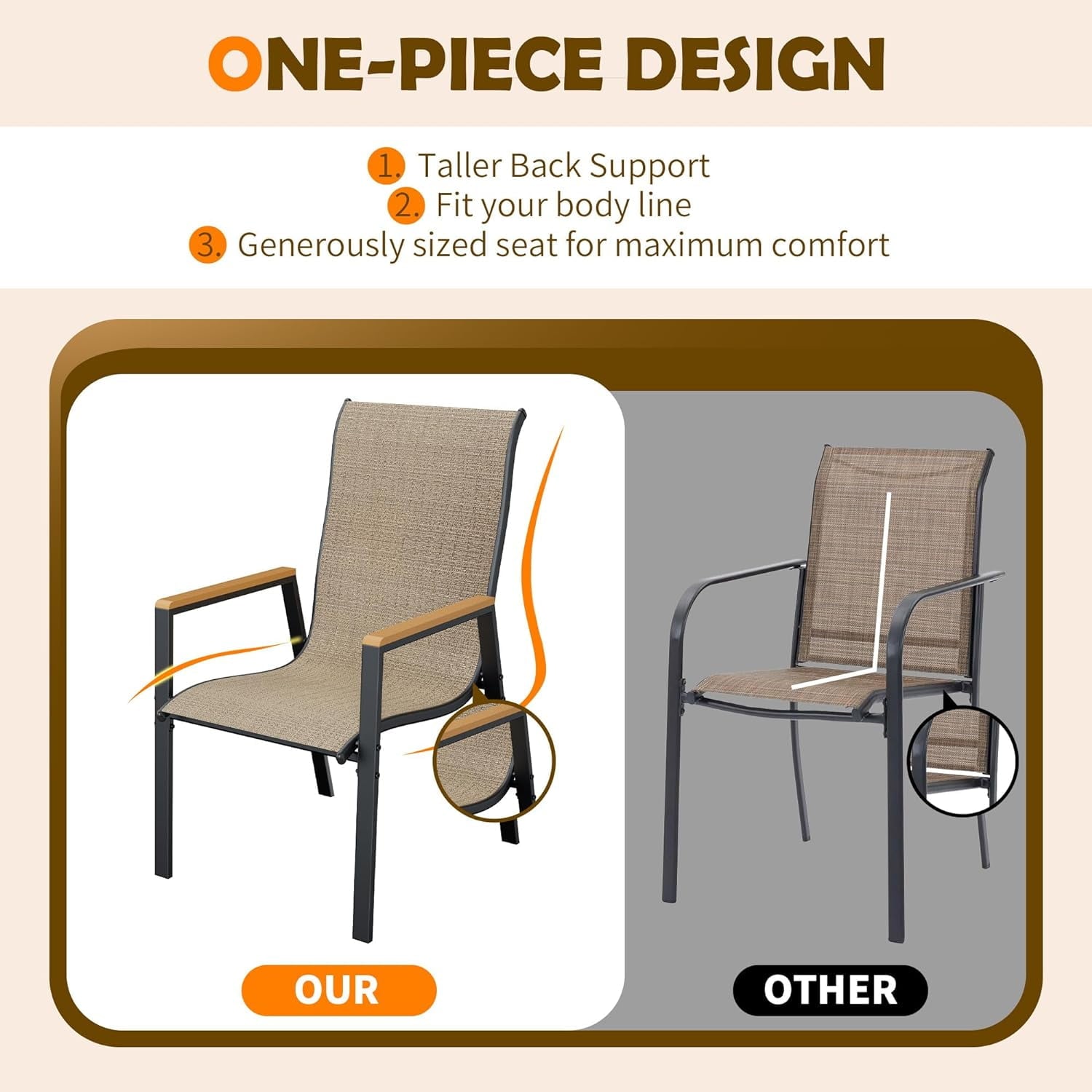 UDPATIO Patio Chairs Set of 2, Outdoor Dining Chairs with Textilene, Metal Frame for Garden,Khaki