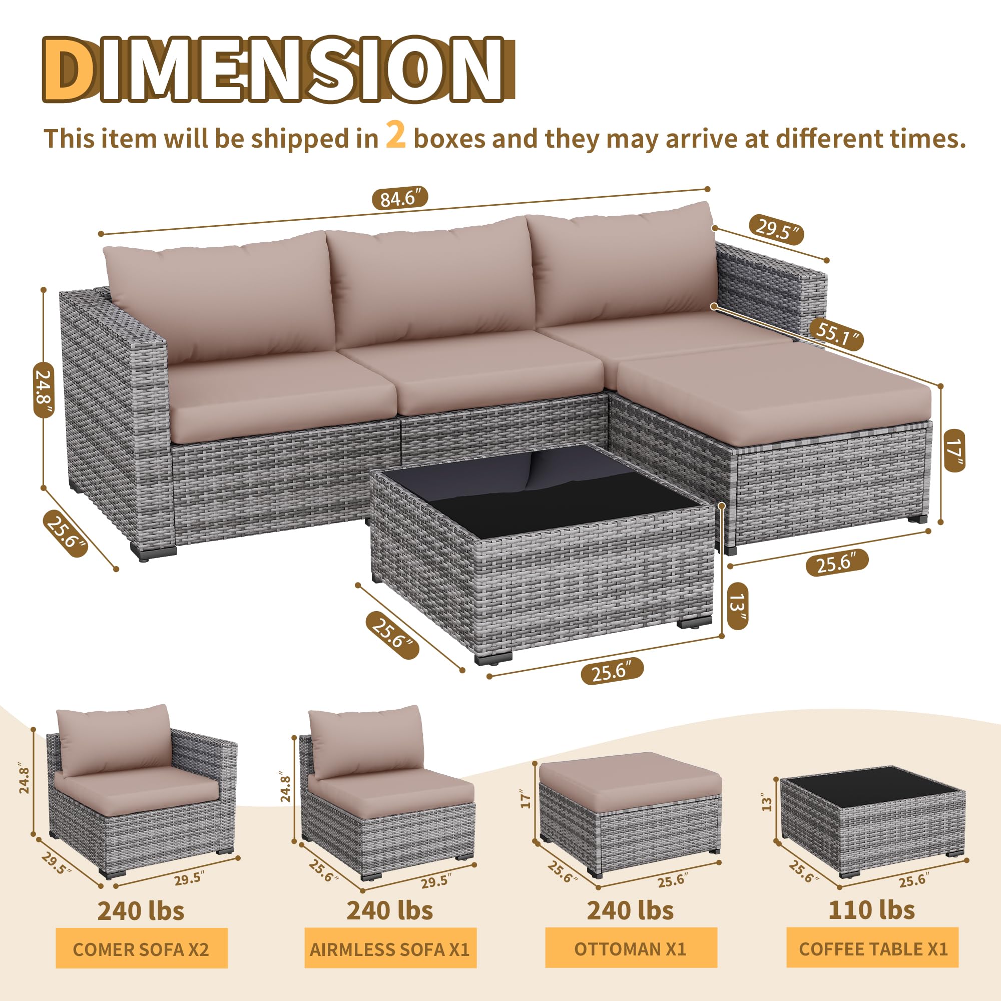 UDPATIO 5 Piece Patio Furniture Set, All-Weather Wicker Outdoor Sectional Sofa, L Shaped Outdoor Conversation Couch with Ottoman, Glass Table for Balcony Porch Backyard, Khaki