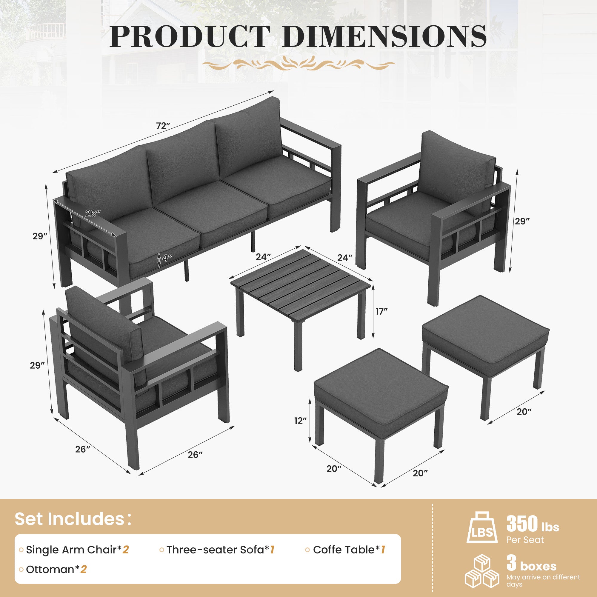 UDPATIO Aluminum Outdoor Furniture Set with 2 Ottomans, 6 Pieces All-Weather & UV-Resistant Patio Sectional Sofa Set for Deck, Backyard, Poolside, Dark Gray
