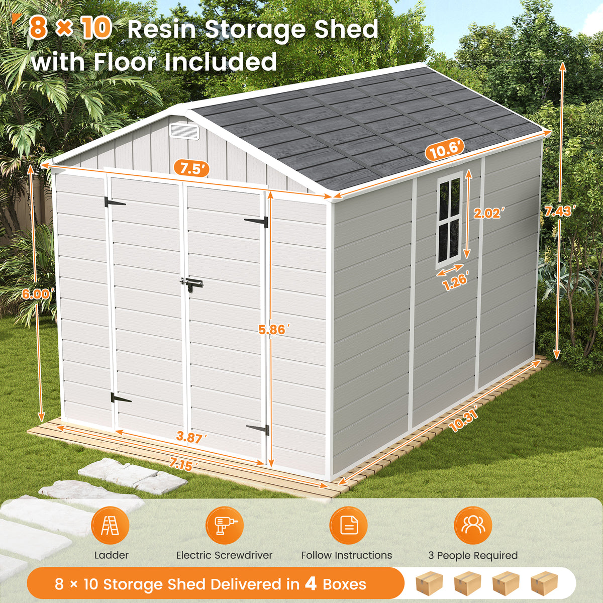 UDPATIO Resin Storage Shed 8 x 10 FT, Outdoor Garden Sheds with Floor Plastic Patio Outdoor Storage with Lockable Door for Bike, Garbage Sandstone