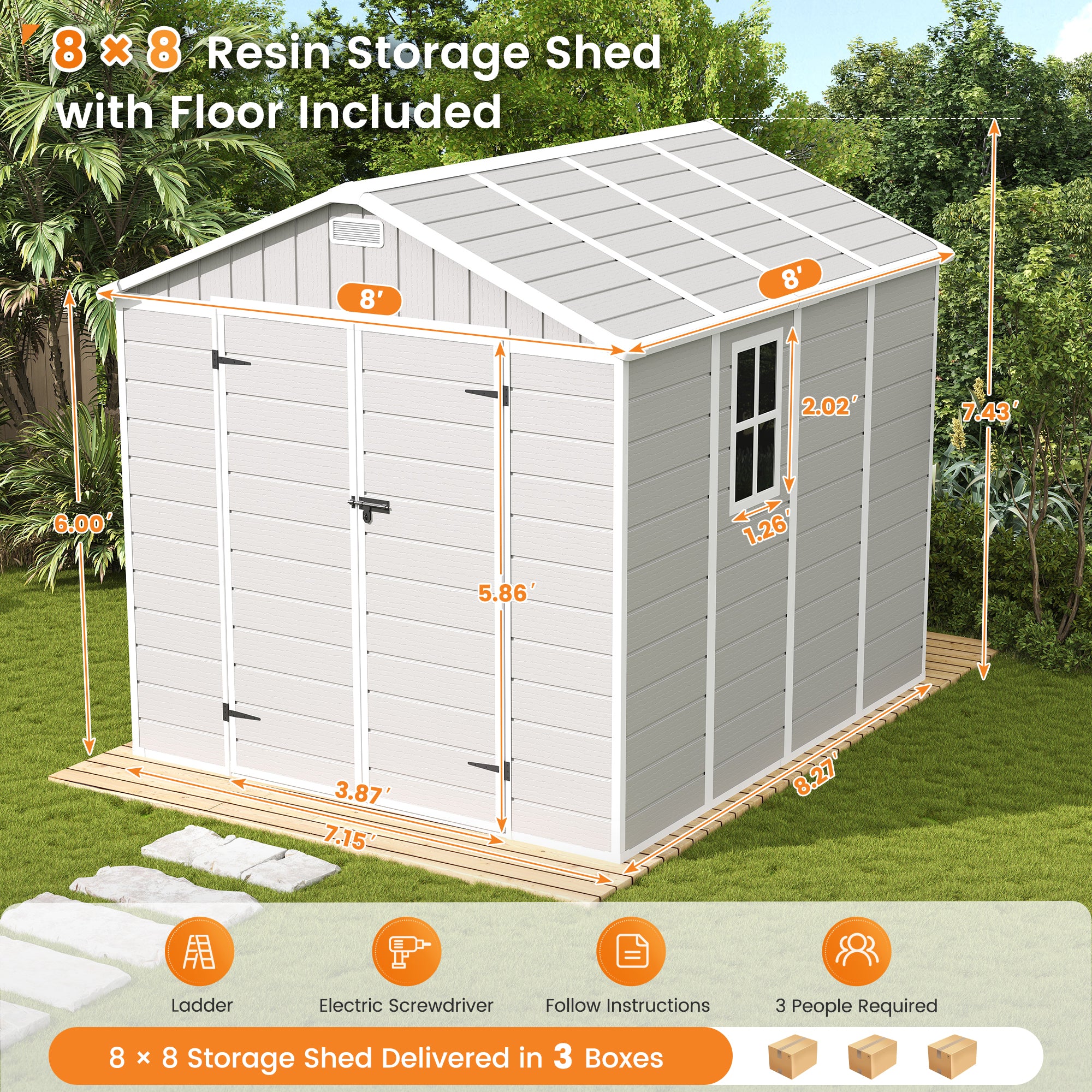 UDPATIO Resin Storage Shed 8 x 8 FT, Outdoor Garden Sheds with Floor Plastic Patio Outdoor Storage Shed with Lockable Door, Sandstone