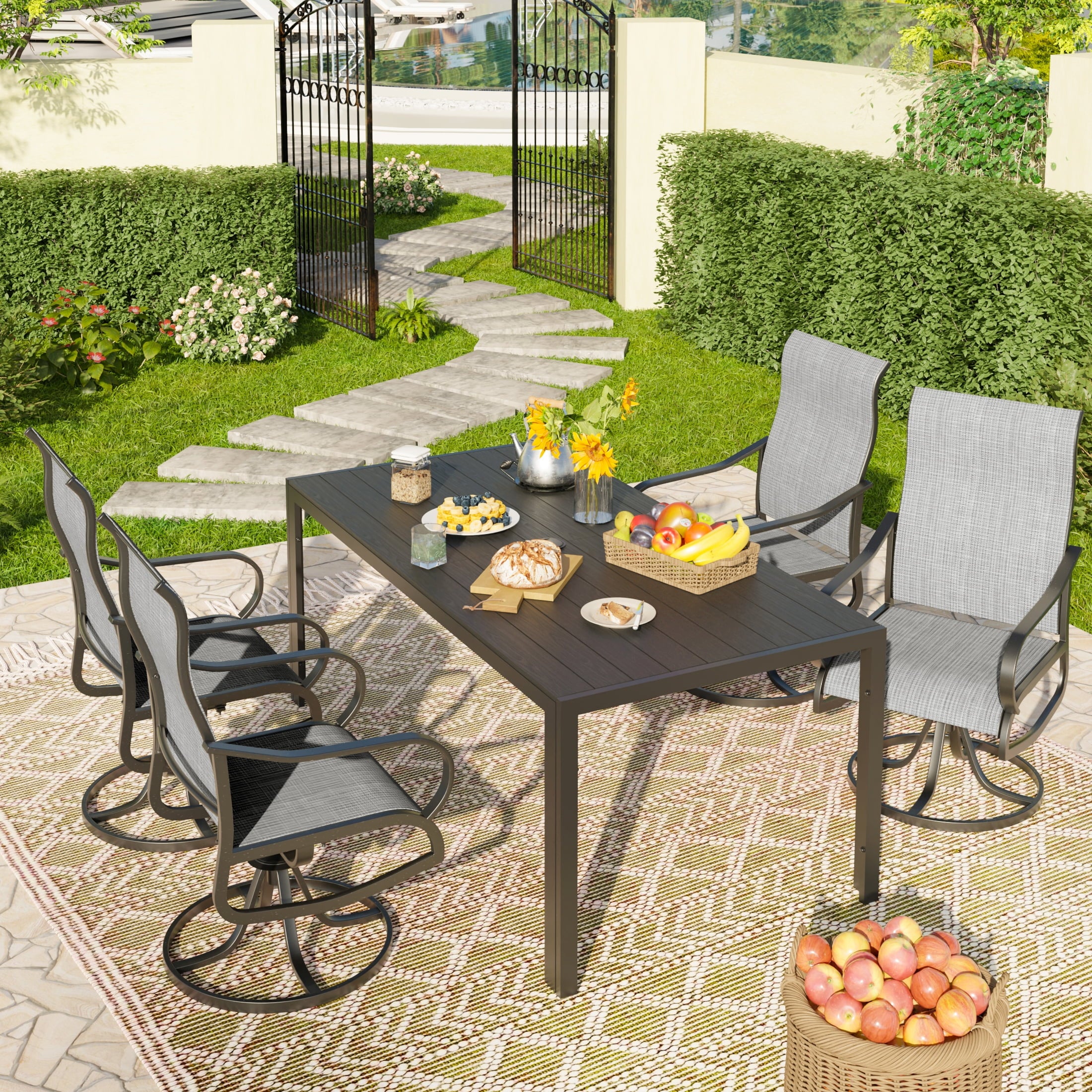 UDPATIO 5-Piece Outdoor Dining Set with High-Back Swivel Chairs & Iron Rectangle Table for 4-Person, Black & Light Gray