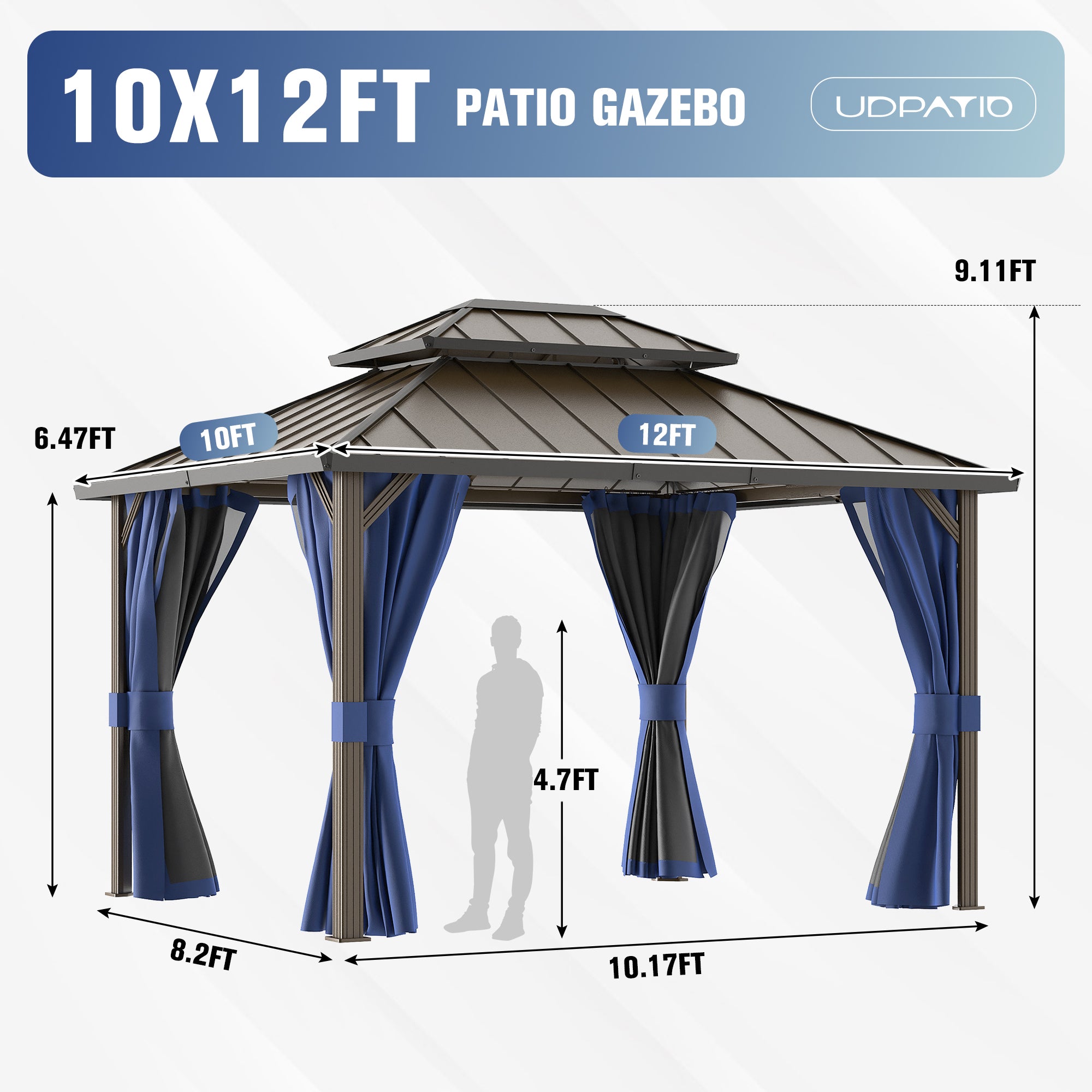 UDPATIO 10'x12' Aluminum Frame Hardtop Outdoor Gazebo with Mosquito Netting