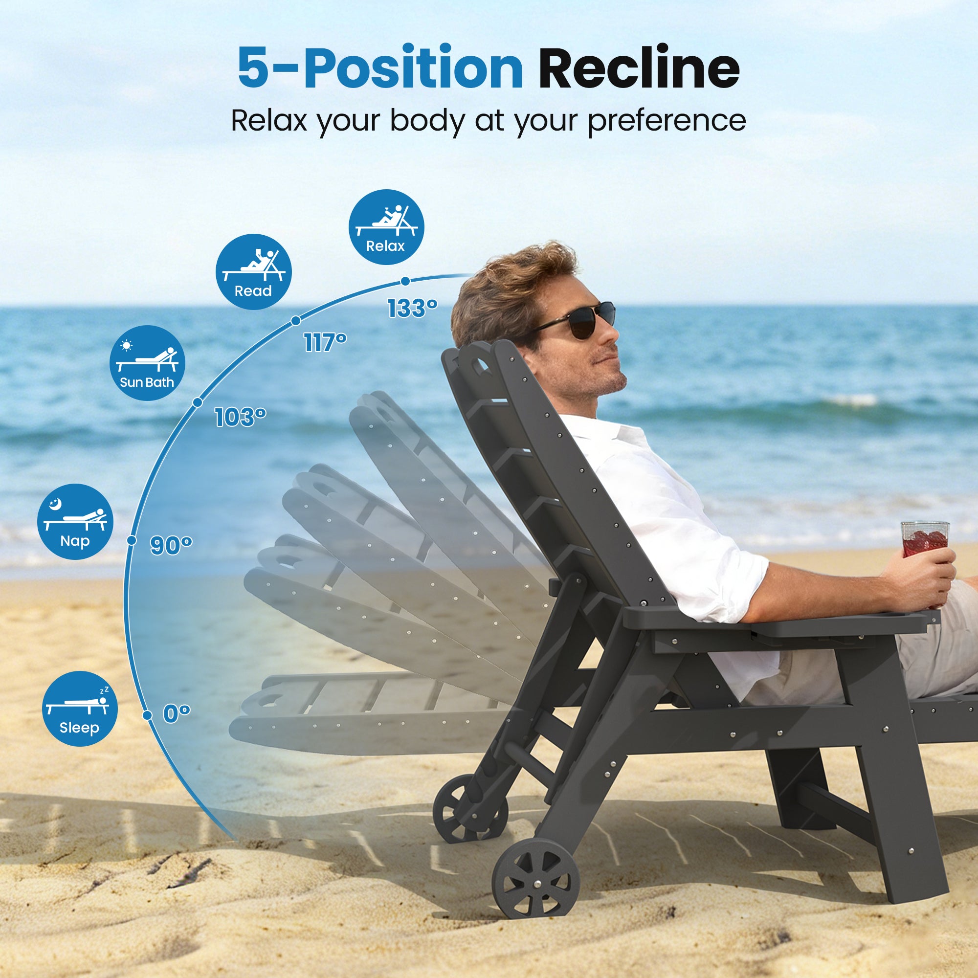 UDPATIO Outdoor Chaise Lounge Chair Set of 2, HDPE Patio Lounge Chairs for Outside with Wheels & Cup Holder, Reclining Seating with 5 Position for Poolside Deck Garden,Black