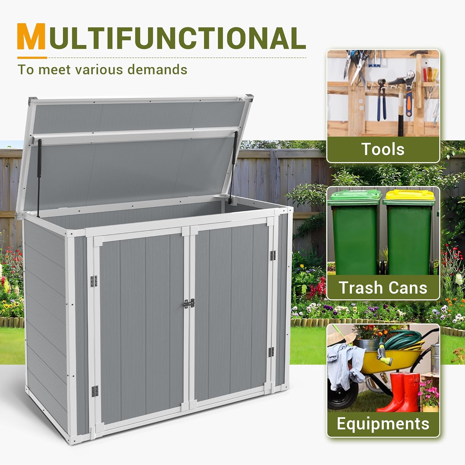 UDPATIO 41 Cu.Ft Storage Shed Outdoor, Weatherproof Resin Storage Shed with Floor Thickened, Gas Spring, Lockable Doors for Trash Can Storage, Garden Tools, Suitable for patios, Poolside(Grey)