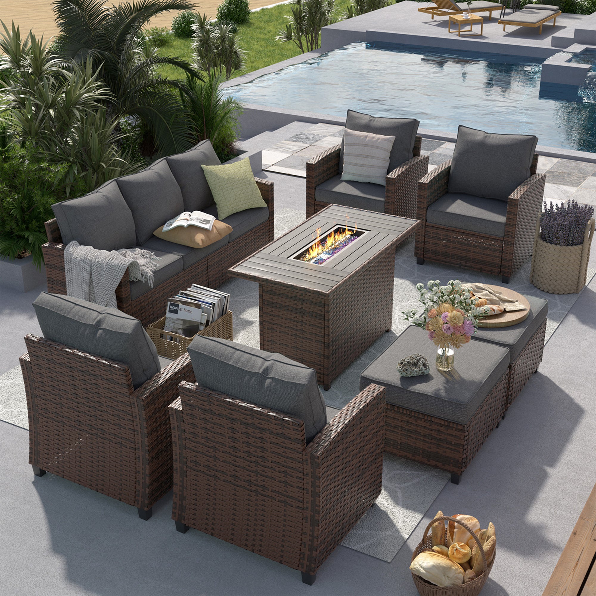 UDPATIO Patio Furniture Set with 44" Fire Pit Table, 8 Pcs Outdoor Couch
