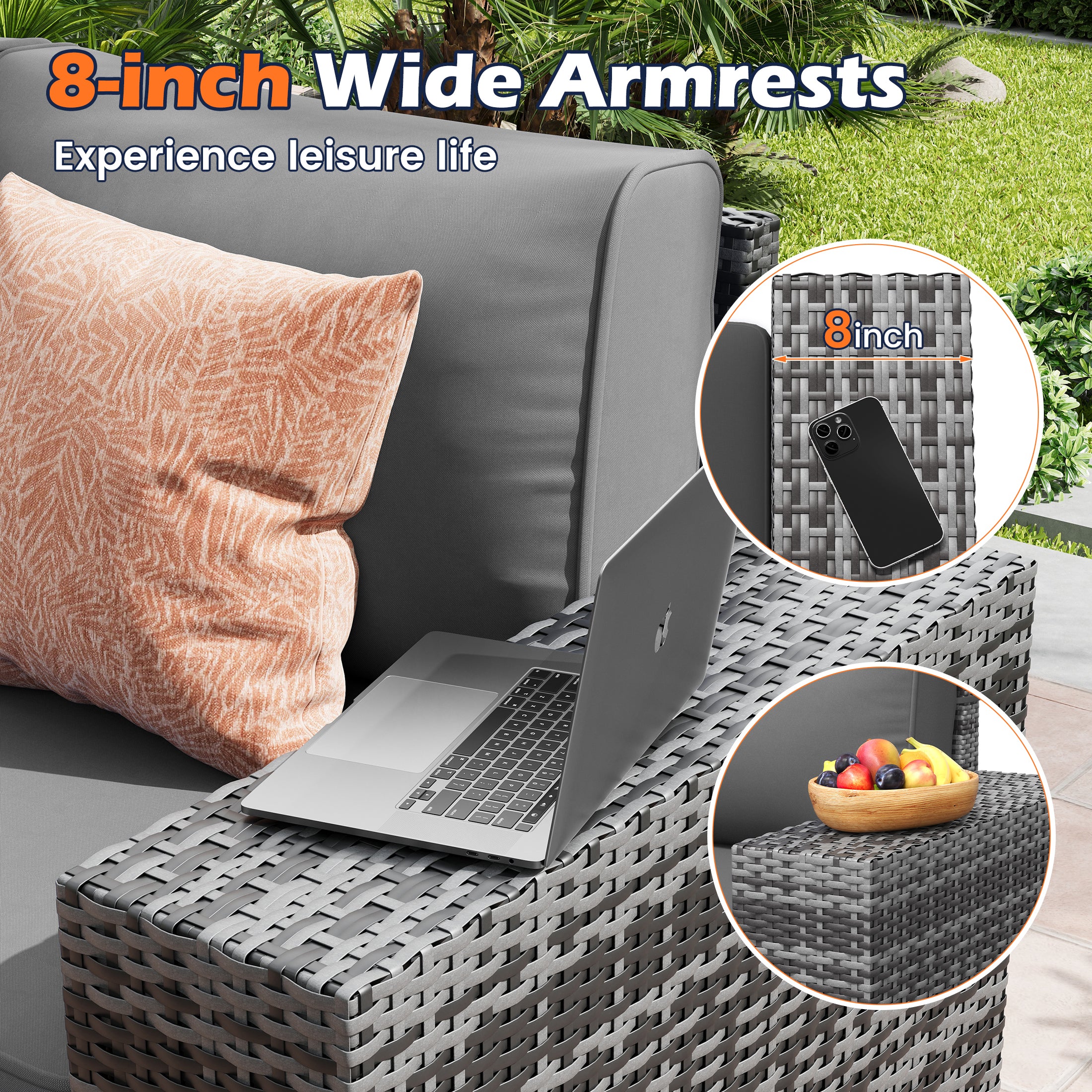 UDPATIO 6-Piece Patio Furniture Set, Outdoor Patio Sofa Set With Wide Armrest, All-Weather Wicker Rattan Guest Set With Cushion And Glass Table And Waterproof Cover, Grey & Dark Grey