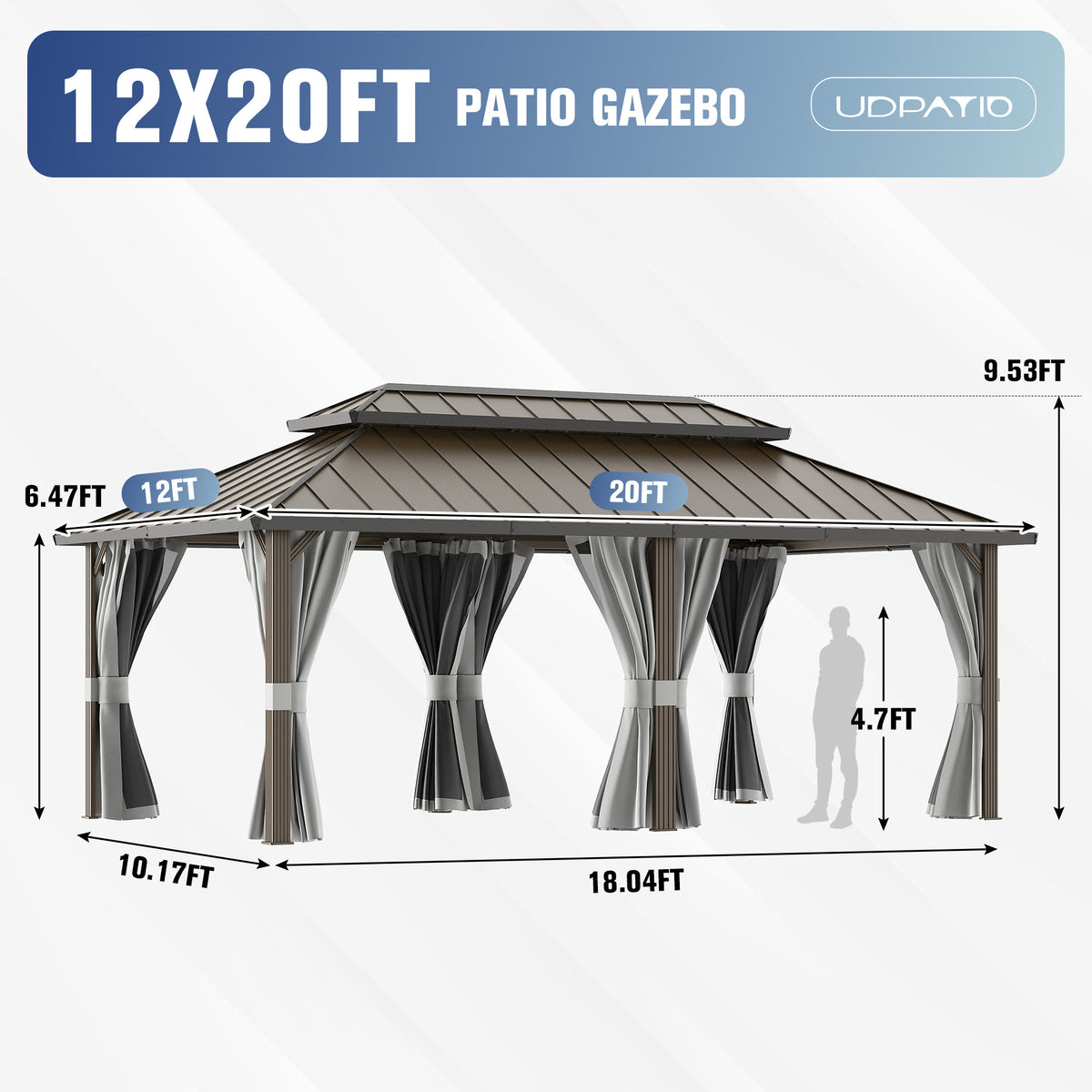 DPATIO 12'x20' Hardtop Aluminum Outdoor Gazebo with Double Roof, Gray