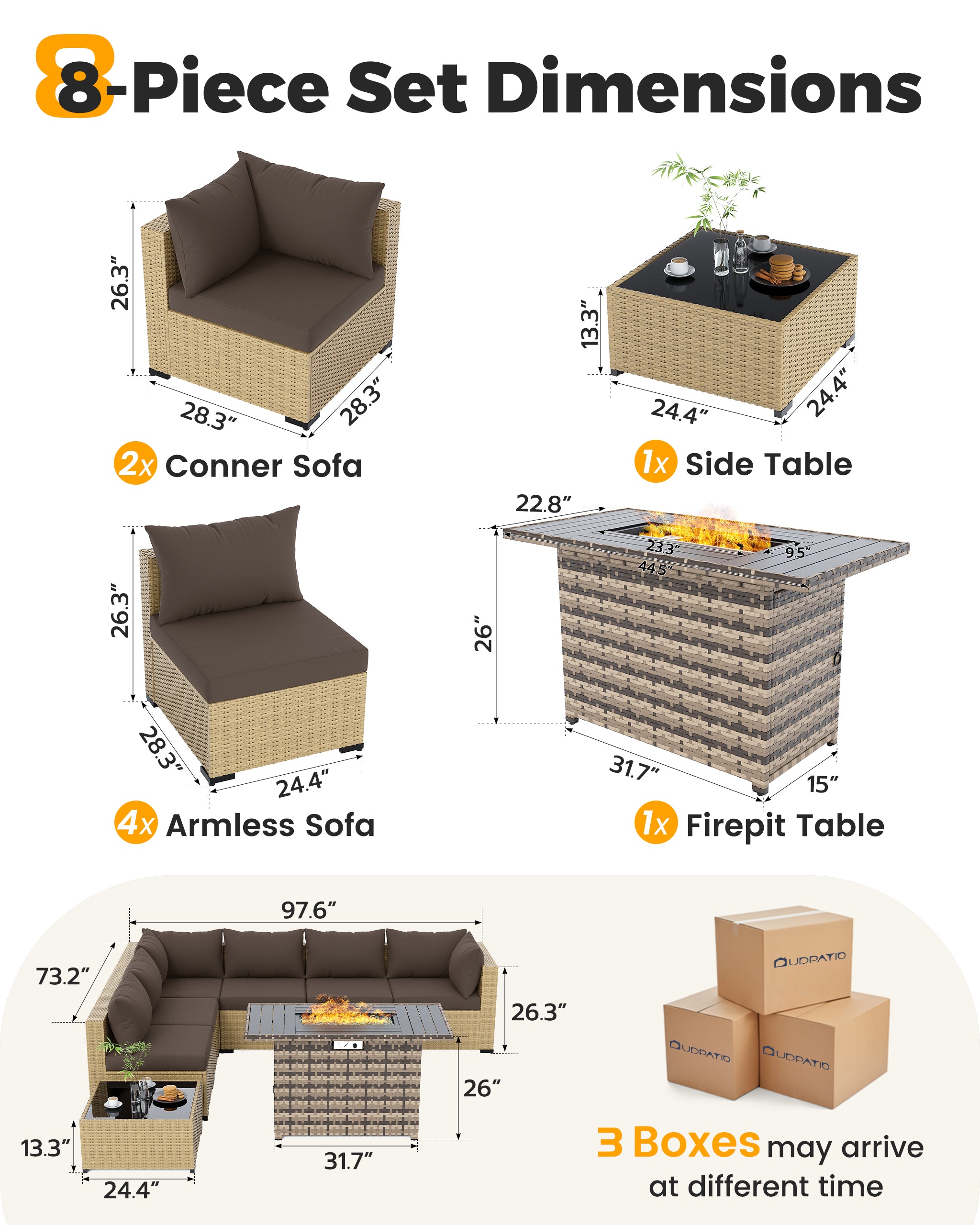 UDPATIO Furniture Set with Fire Pit Table, 8 Piece Sectional Sofas, All-Weather Wicker Conversation for Garden, Backyard, Brown