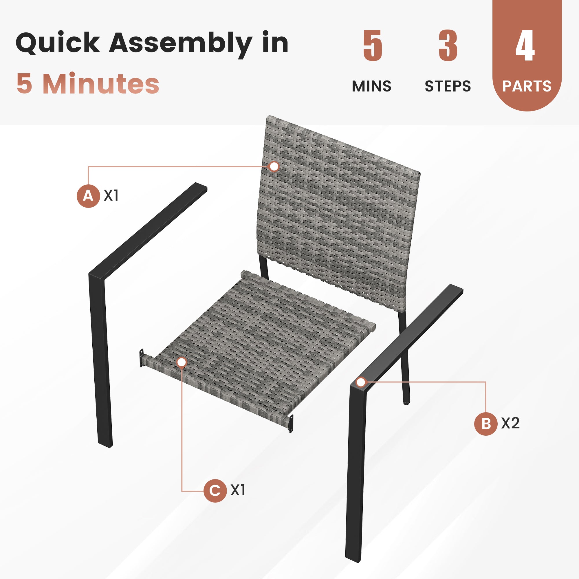 UDPATIO Stackable Patio Chairs Set of 2, Wicker Outdoor Chairs, All-Weather Rattan Dining Chairs with Deep Seat & Armrests, Steel Frame for Patio, Garden, Backyard, Deck, Lawn or Porch, Gray
