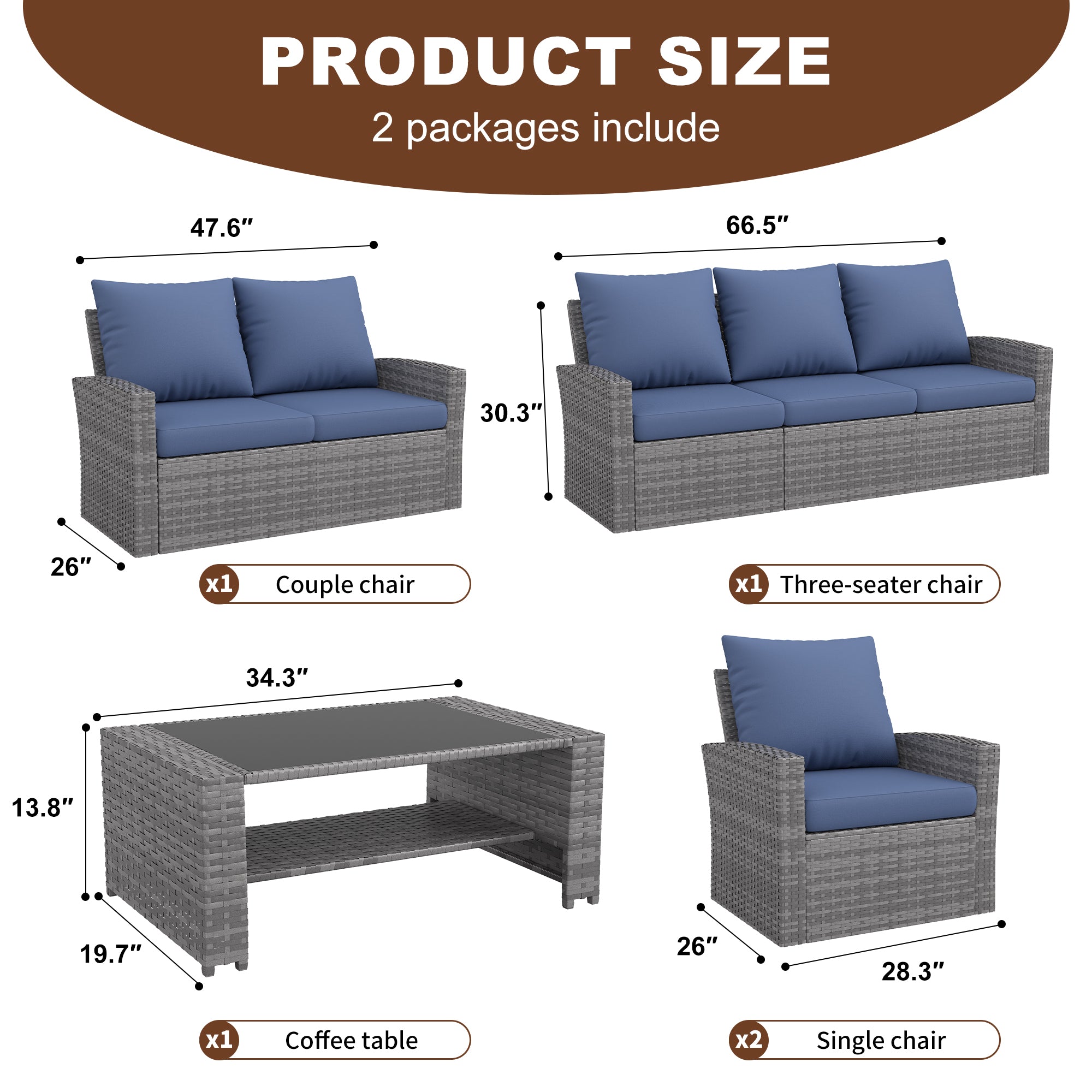 UDPATIO Wicker Patio Furniture Set,Gray PE Rattan Patio Sofa Set with coffee table,Outdoor Sectional Conversation Sets for Balcony, Porch, Backyard, Navy