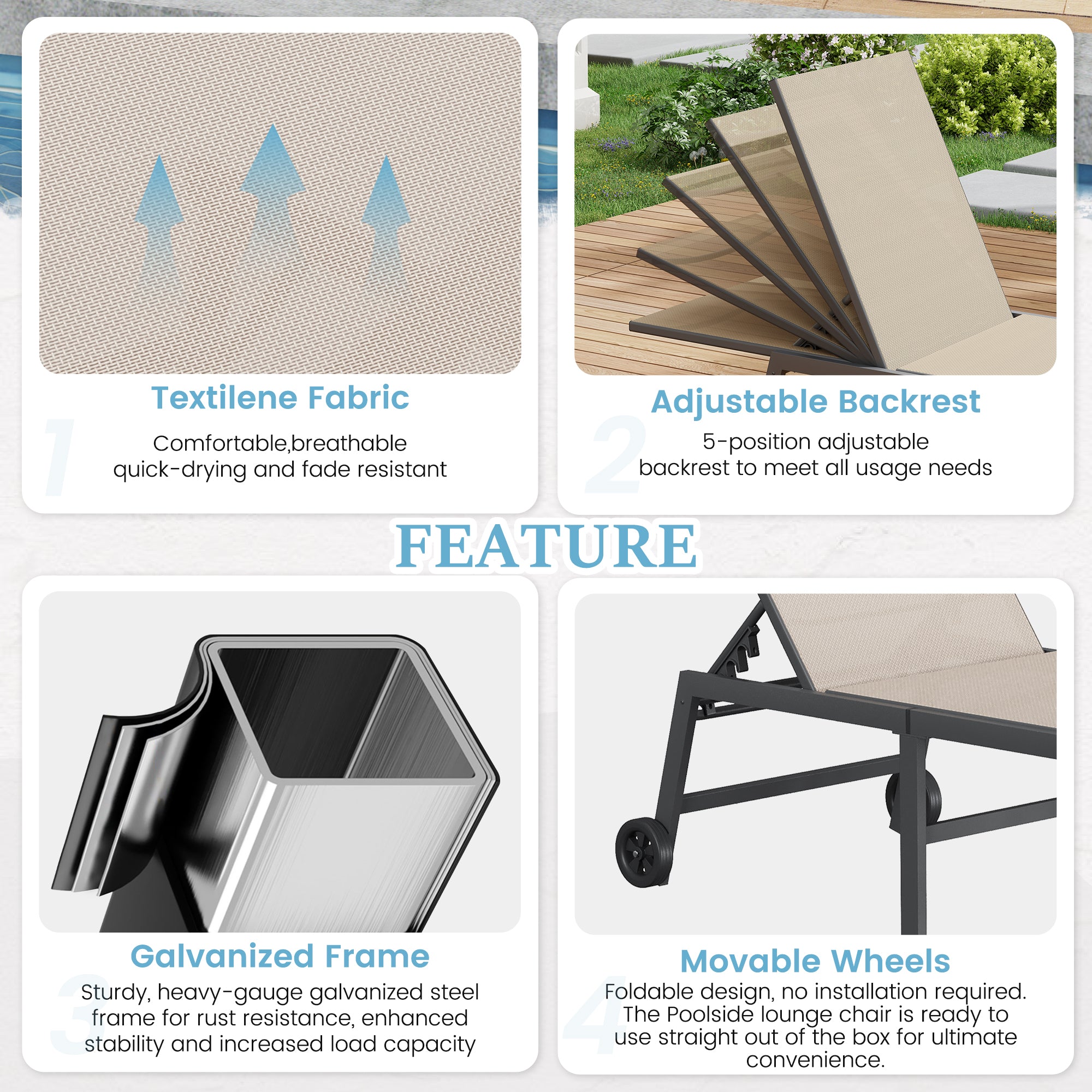 Outdoor Chaise Lounge Chair Set of 2 with Table Pool Lounge Chairs for Outside, Adjustable Lounger for Poolside Lawn Deck Lay Flat Sunbathing Backrest for Patio, Beach, Yard(Brown)