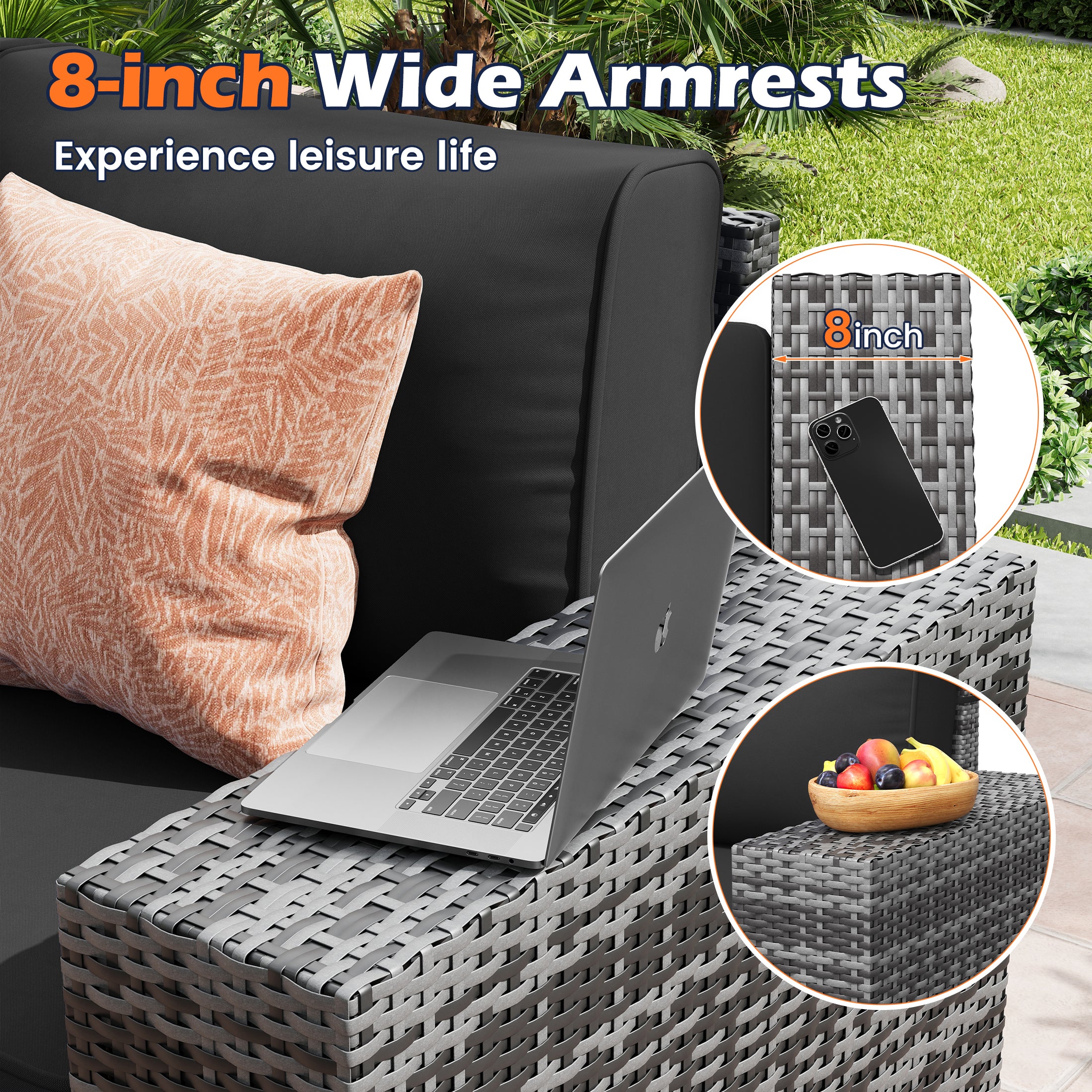 UDPATIO 6-Piece Patio Furniture Set, Outdoor Patio Sofa Set With Wide Armrest, All-Weather Wicker Rattan Guest Set With Cushion And Glass Table And Waterproof Cover, Grey & Black
