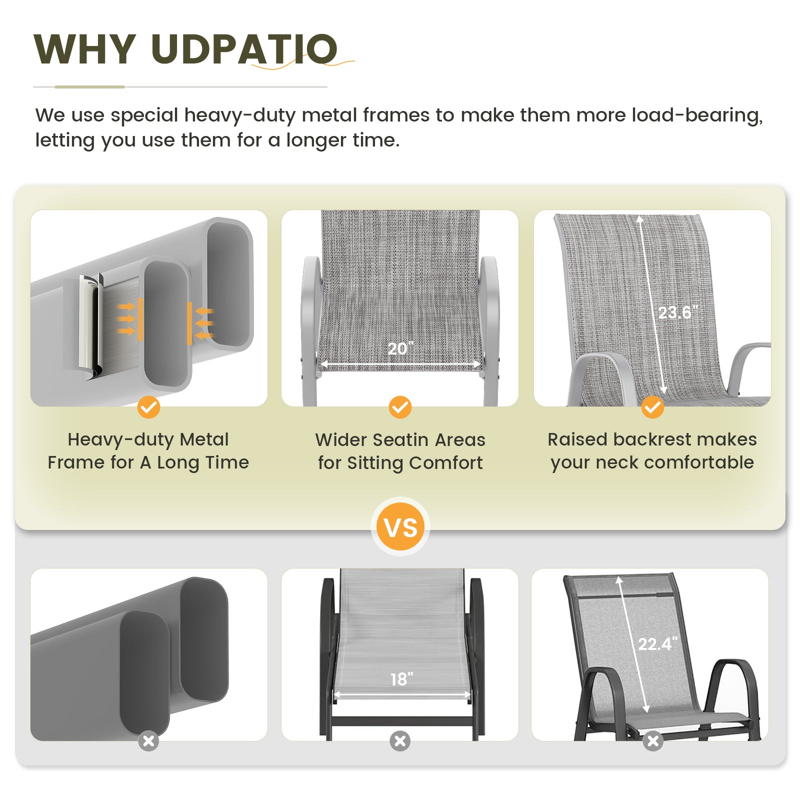 UDPATIO Patio Chairs Set of 6, Stackable Silver Outdoor Dining Chairs with High Back, Breathable Textilene Fabric Outdoor Chair All Weather, 350LBS Capacity for Garden, Backyard (Light Grey)