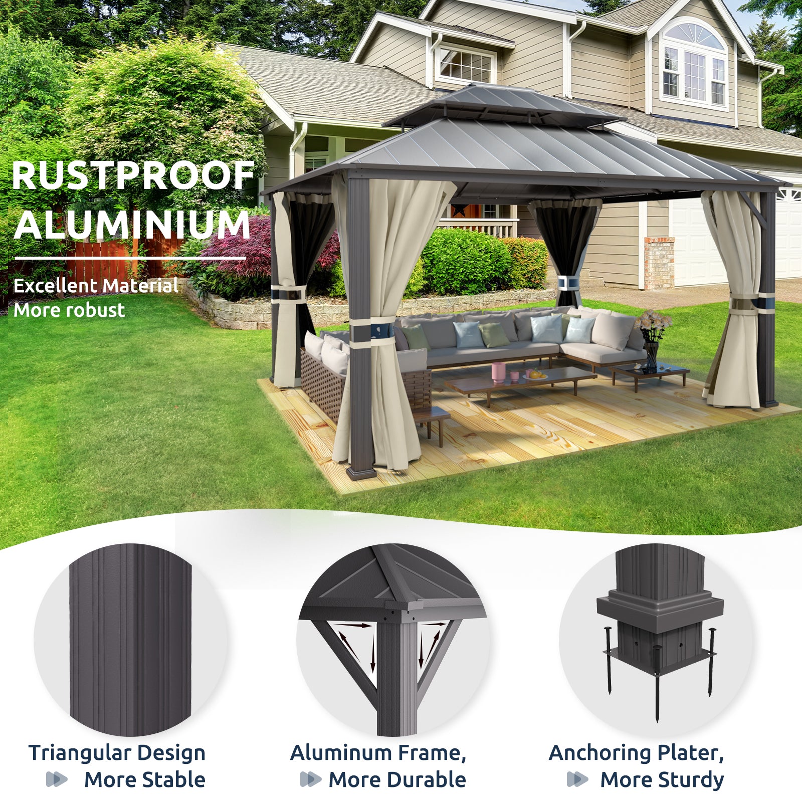 UDPATIO 12' x 14' Hardtop Gazebo, Outdoor Aluminum Gazebo with Galvanized Steel Double Roof, Permanent Metal Canopy with Netting and Curtains for Patio, Garden, Lawn, Backyard, Deck, Beige