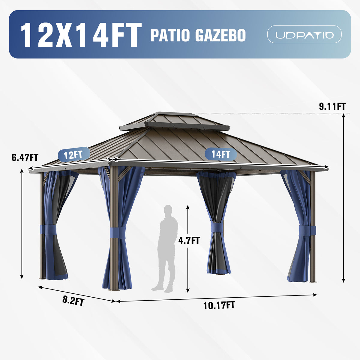 DPATIO 12'x16' Hardtop Aluminum Outdoor Gazebo with Double Roof, Navy Blue