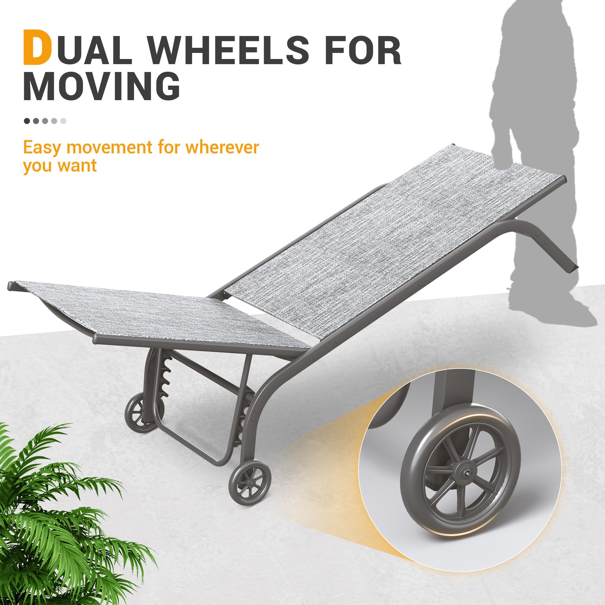 UDPATIO Outdoor Chaise Lounge Padded Set of 3, Aluminum Lounge Chair with Removable Cushion, 5 Adjustable Position Pool Lounger with Wheels and Side Table for Garden Poolside Patio (Grey)