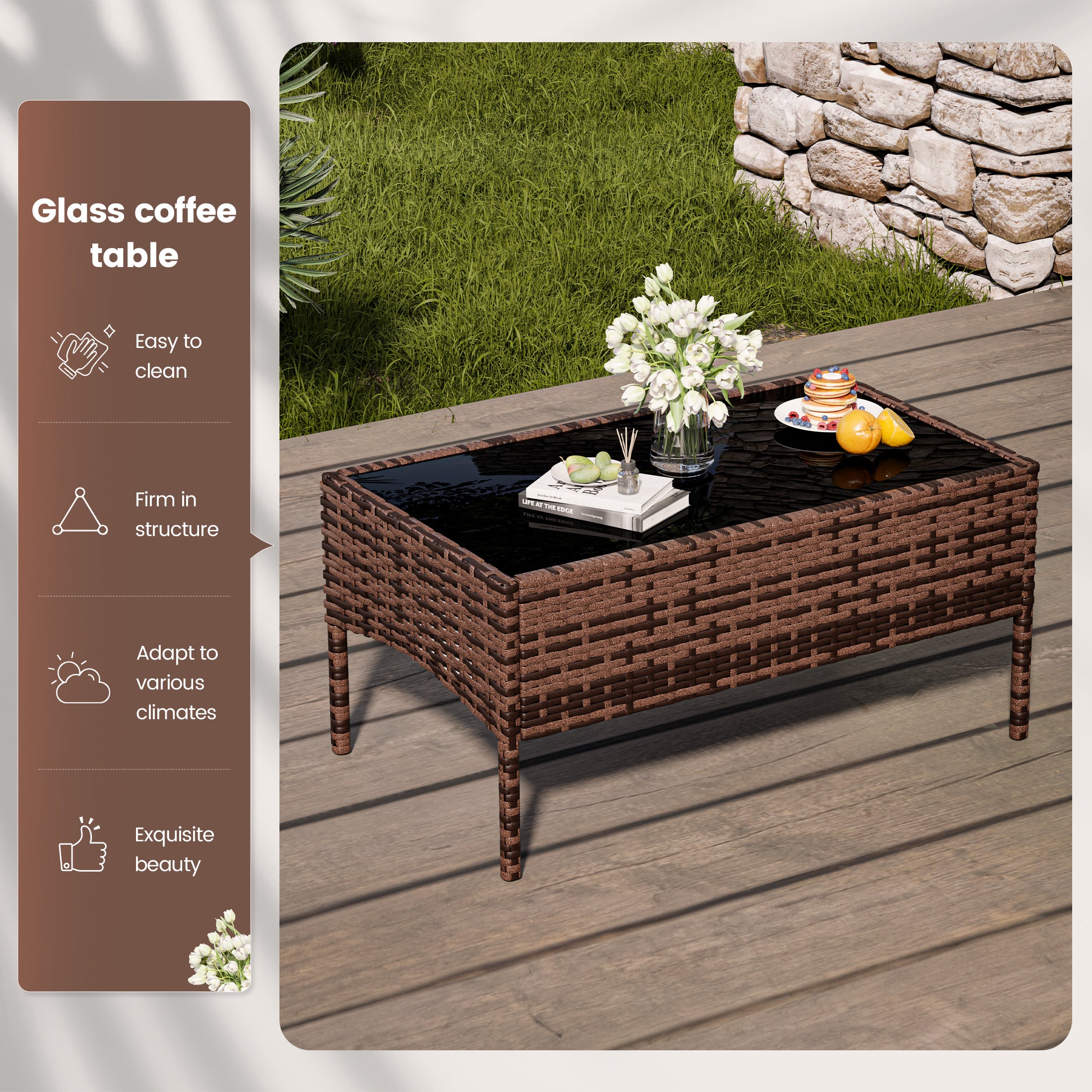 UDPATIO 4 Pieces Outdoor Patio Furniture,Sectional Conversation Sets,Brown PE Rattan Patio Chairs with Table and Loveseat for Balcony, Porch, Backyard,(Turquoise Cushion)