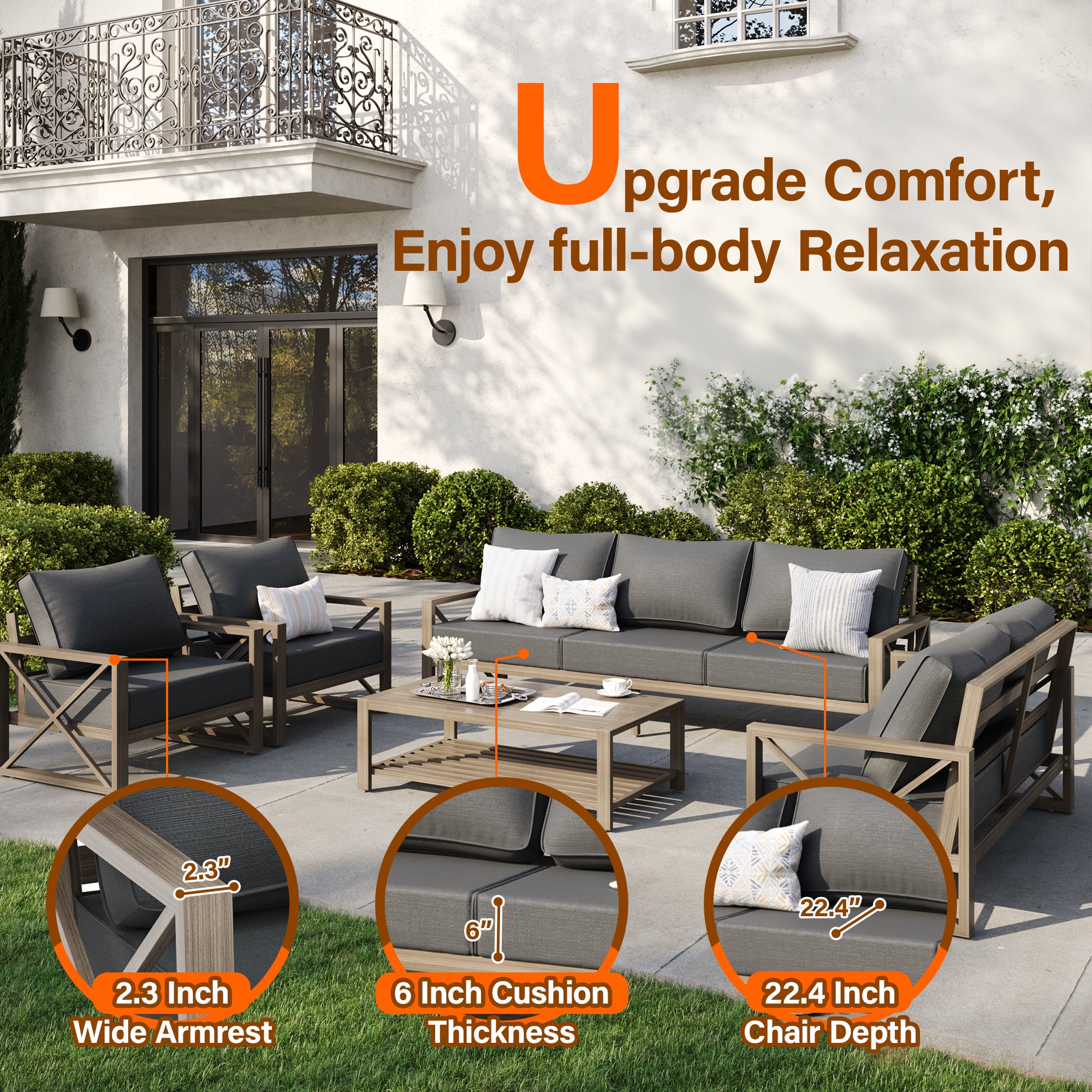 UDPATIO 5 Pieces Aluminum Patio Furniture Set Modern Outdoor Furniture Faux Wood Grain Patio Conversation Sets with Coffee Table for Balcony, Backyard, Include 600D Waterproof Cover