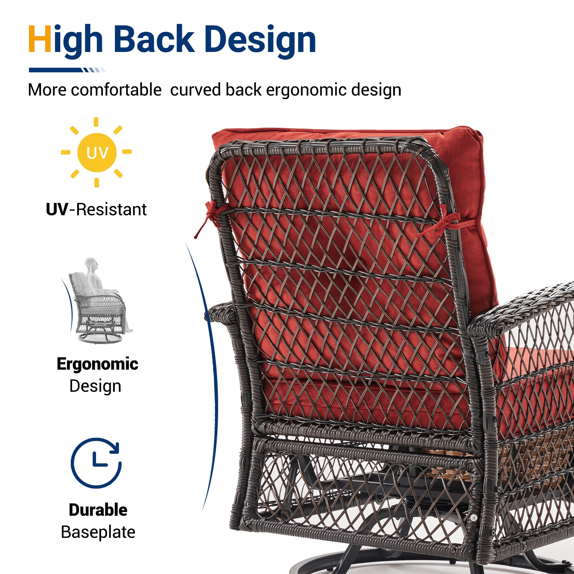 UDPATIO 3 Pieces Patio Furniture Set, Outdoor Swivel Rocker Patio Chairs Set of 2, All-Weather PE Wicker Glider Chairs with Thick Cushions and Glass Coffee Table,for Porch Deck Backyard