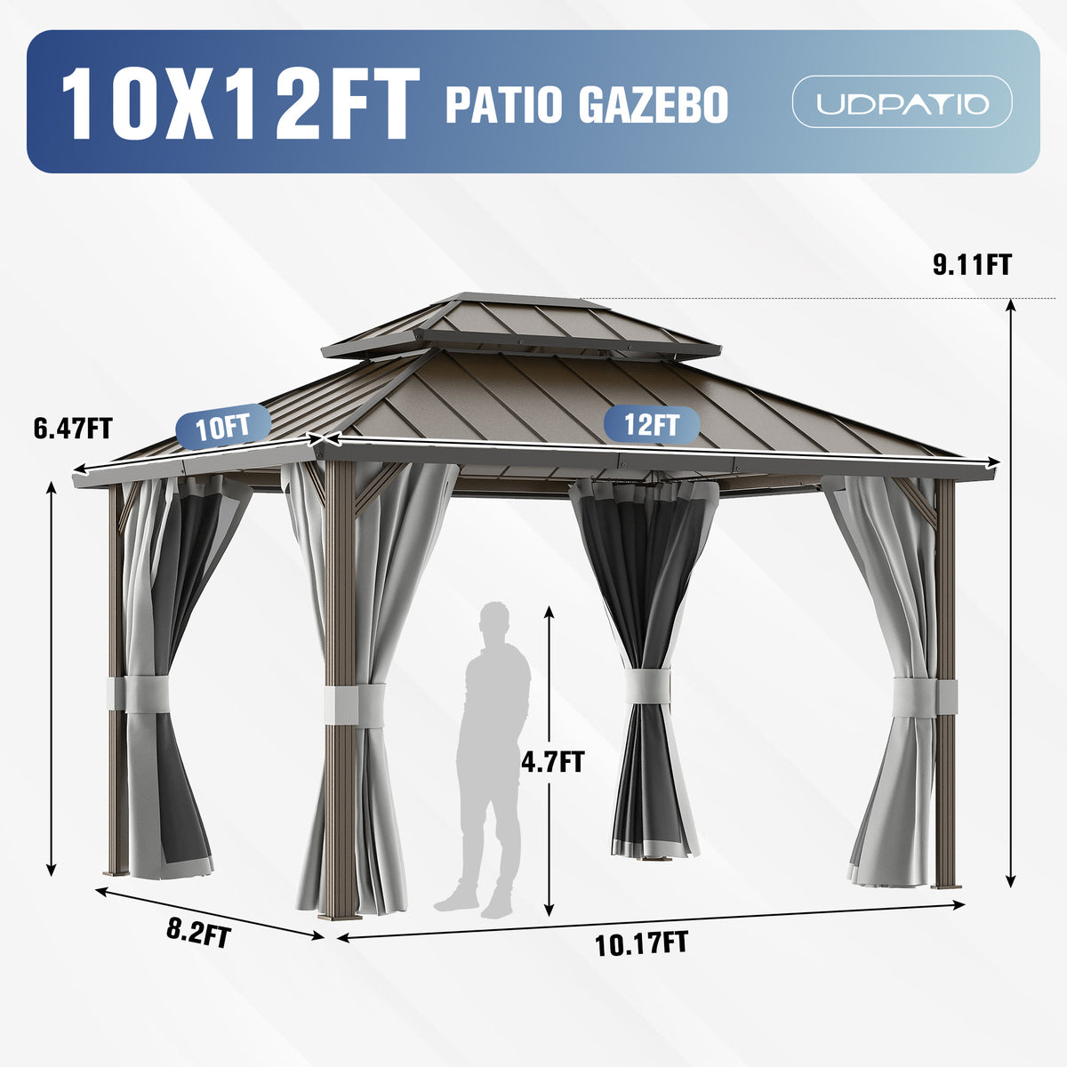 UDPATIO 10'x12' Aluminum Frame Hardtop Outdoor Gazebo with Double Roof,Gray