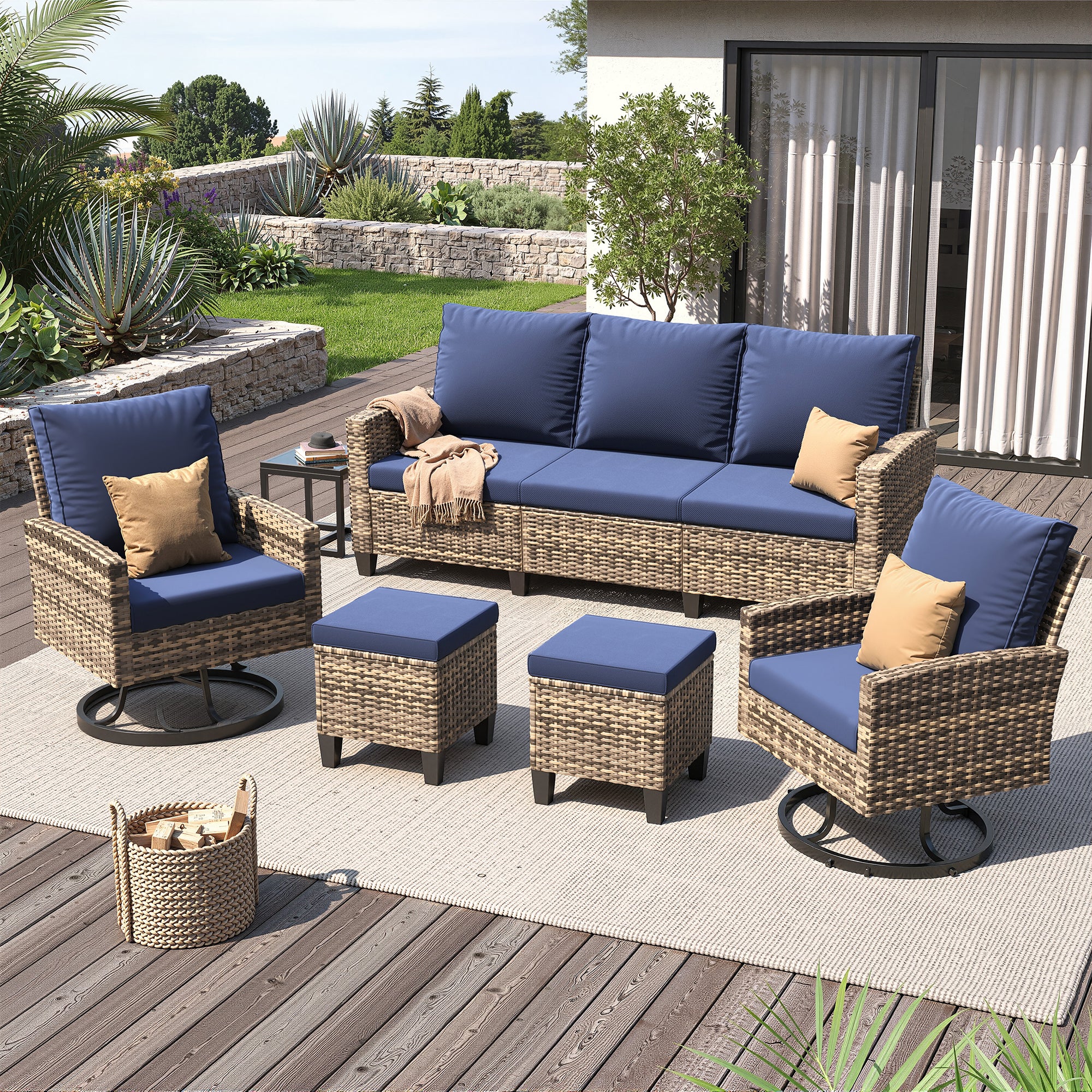 UDPATIO Patio Furniture Set, 6 Pieces Outdoor Conversation Sets with Swivel Chairs, All-Weather Wicker Rattan Patio Sofa with Ottomans and Glass Side Table for Backyard, Deck, Porch, Navy/Yellow