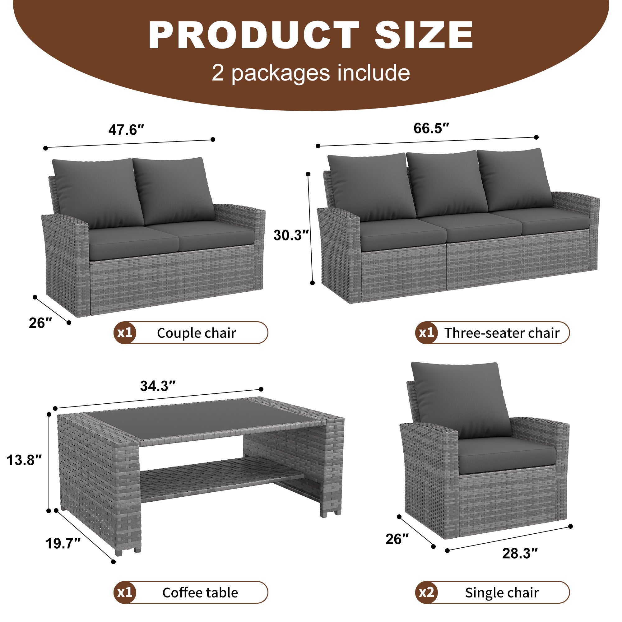 UDPATIO Wicker Patio Furniture Set,Multiple combination sofa sets,Gray PE Rattan Patio Sofa Set for Balcony, Porch, Backyard, Gray