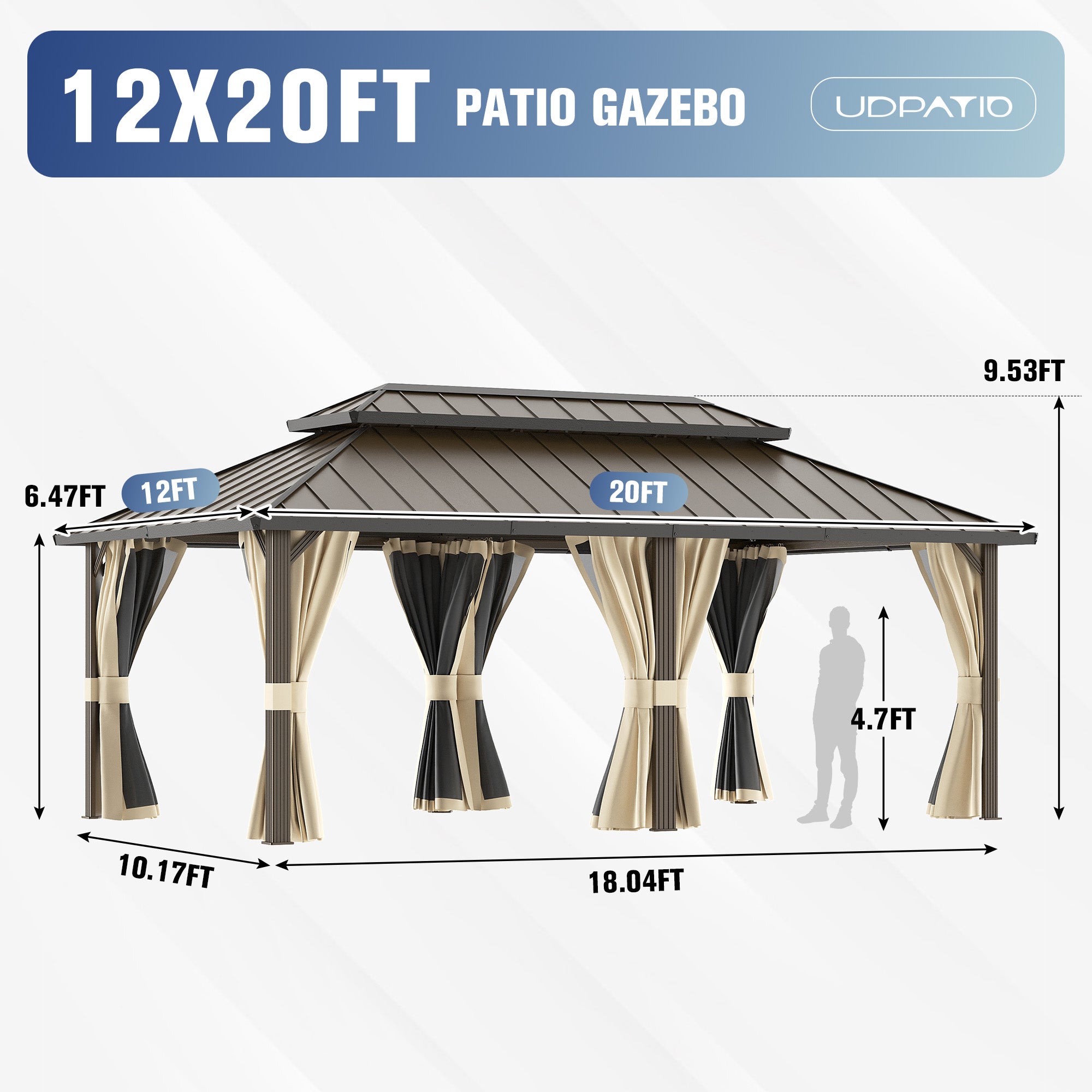 DPATIO 12'x20' Hardtop Aluminum Outdoor Gazebo with Double Roof, Beige