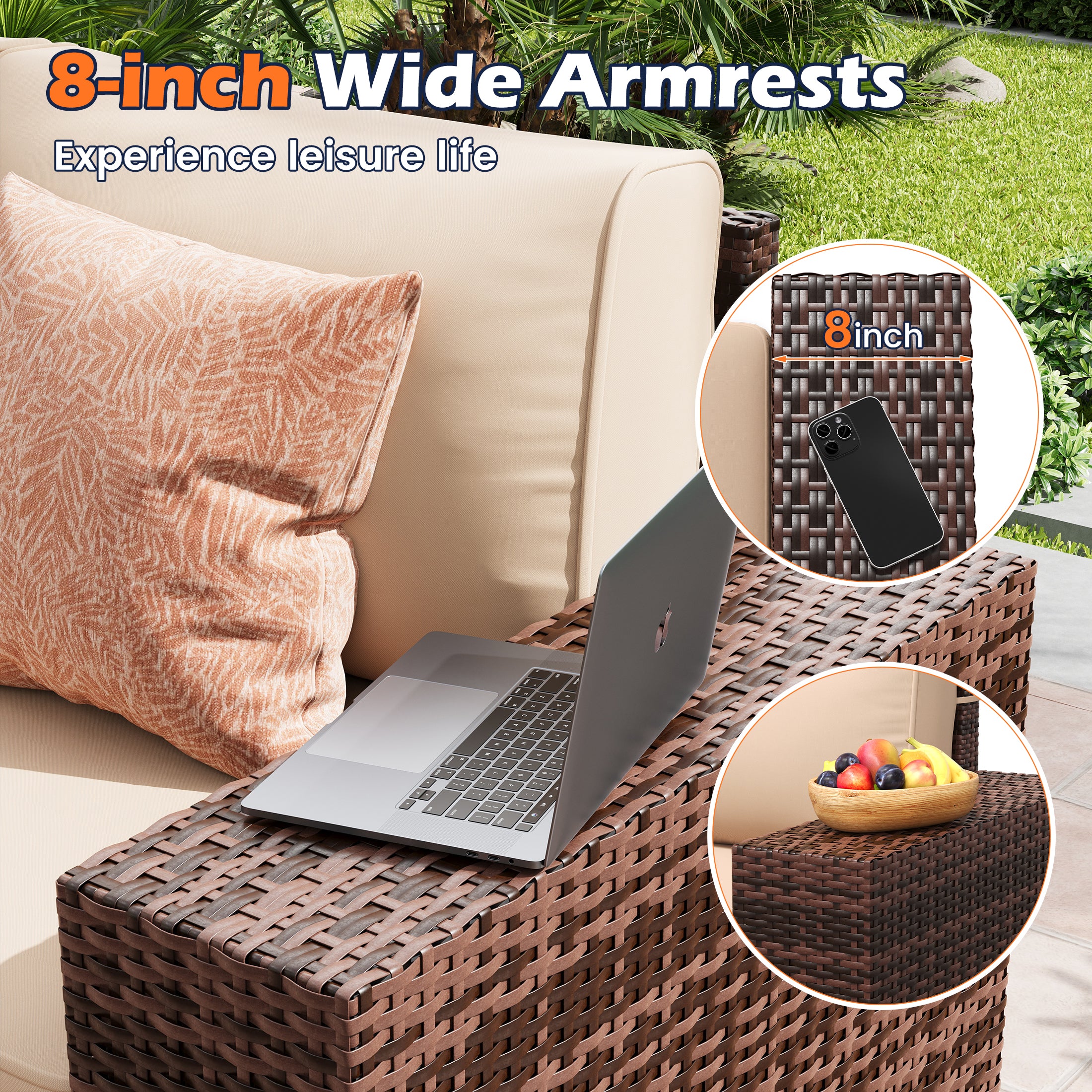UDPATIO 6-Piece Patio Furniture Set, Outdoor Patio Sofa Set With Wide Armrest, All-Weather Wicker Rattan Guest Set With Cushion And Glass Table And Waterproof Cover, Brown & Khaki