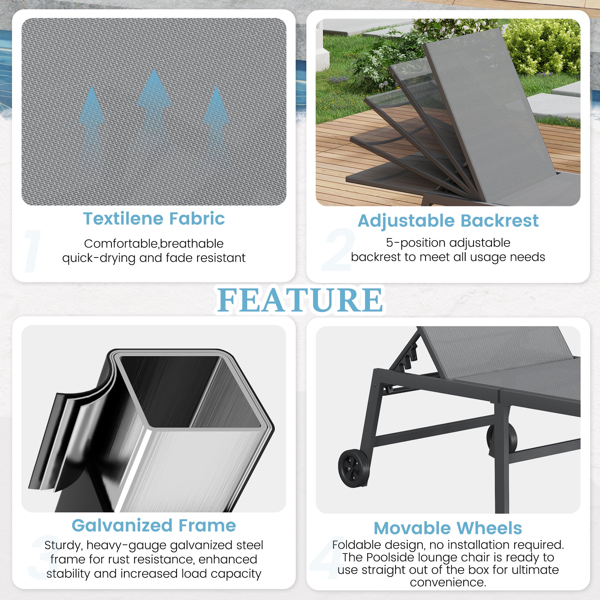 Outdoor Chaise Lounge Chair Set of 2 with Table Pool Lounge Chairs for Outside, Adjustable Lounger for Poolside Lawn Deck Lay Flat Sunbathing Backrest for Patio, Beach, Yard(Grey)