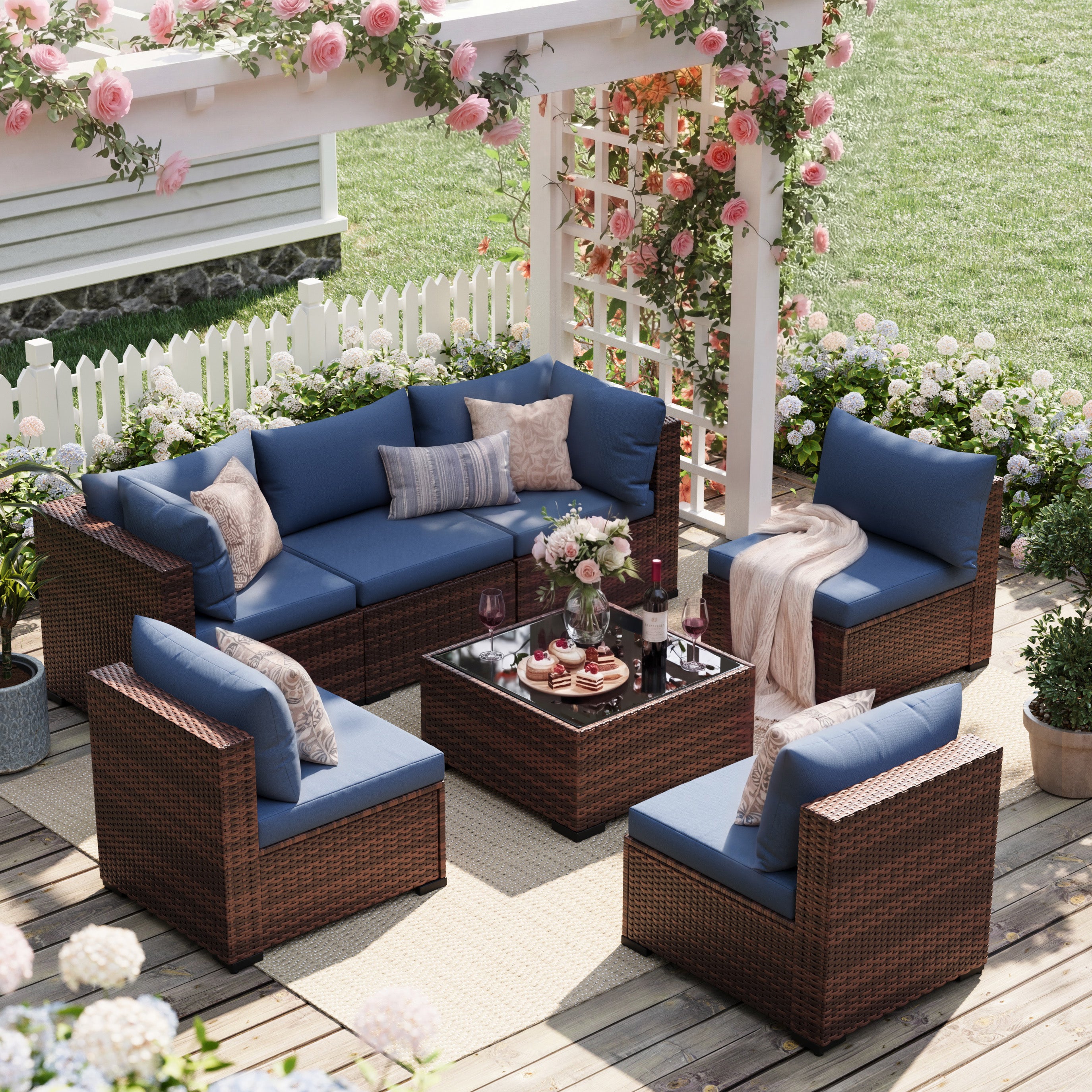 UDPATIO 7-Piece Wicker Modular Sectional Outdoor Conversation Sets with Glass Coffee Table, Blue