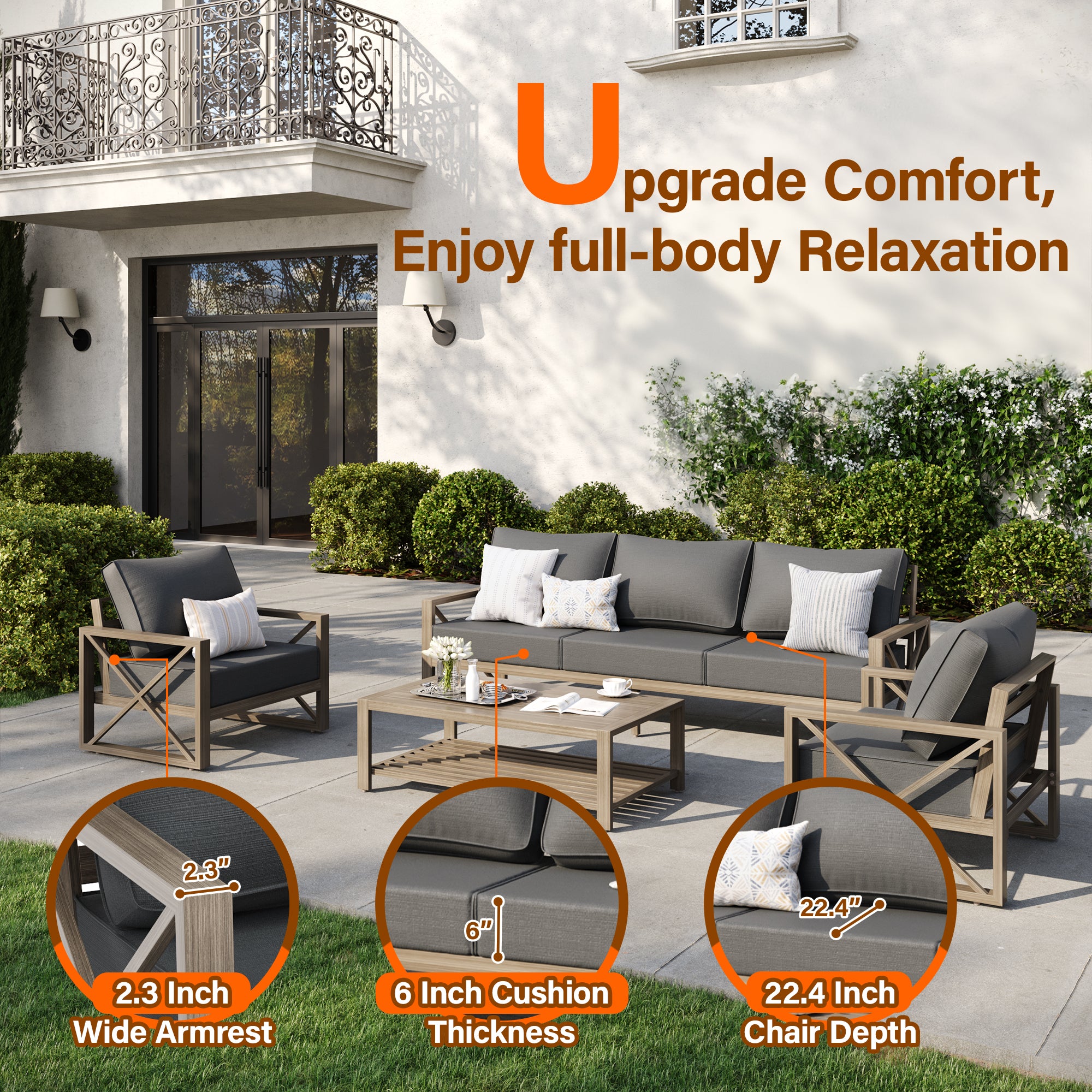 UDPATIO 5 Pieces Aluminum Patio Furniture Set Modern Outdoor Furniture Faux Wood Grain Patio Conversation Sets with Coffee Table for Balcony, Backyard, Include 600D Waterproof Cover