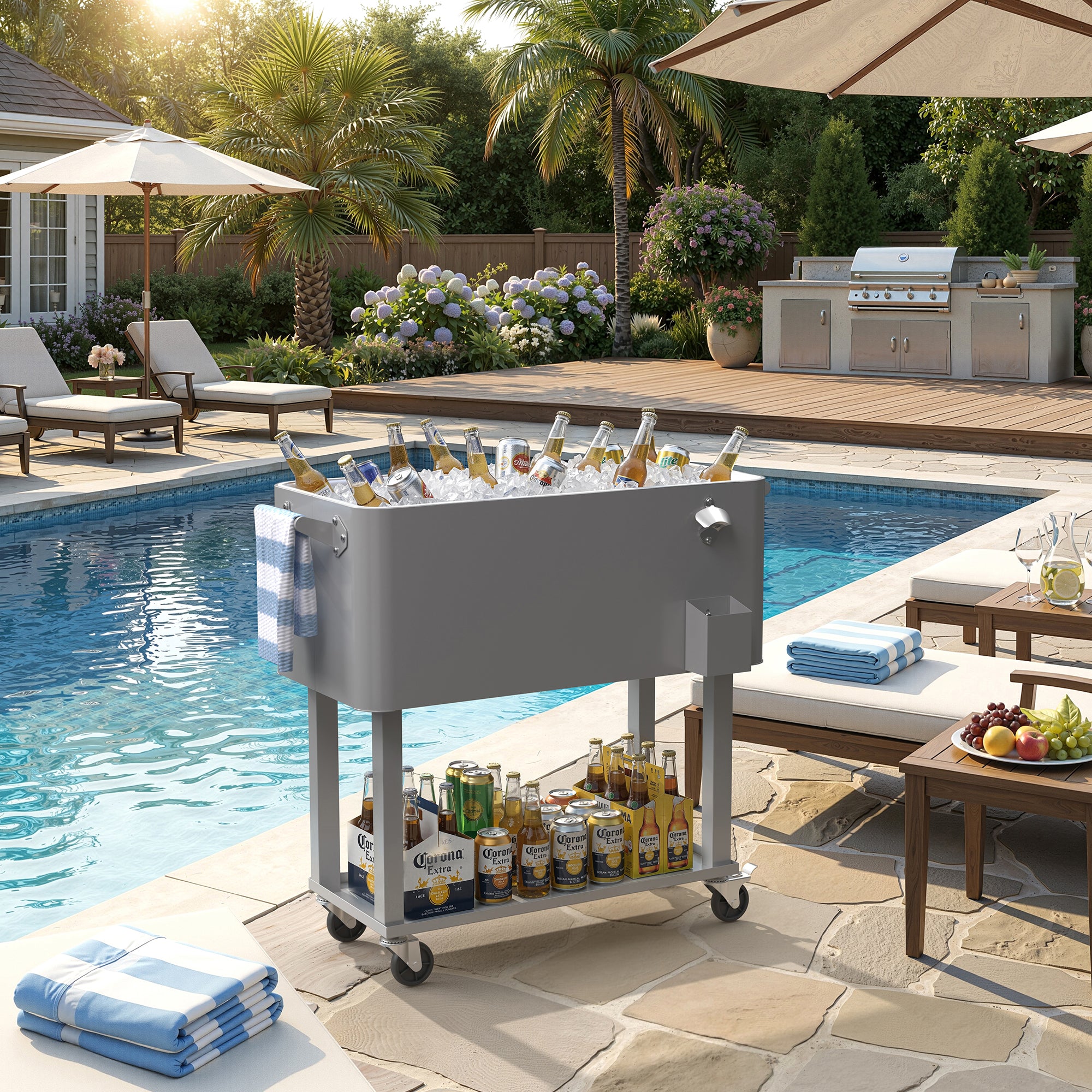 Patio Cooler Cart 80 Quart Outdoor Rolling Ice Chest Portable Beverage Bar with Bottom Storage Tray and Bottle Opener for Party BBQ Beach Activities