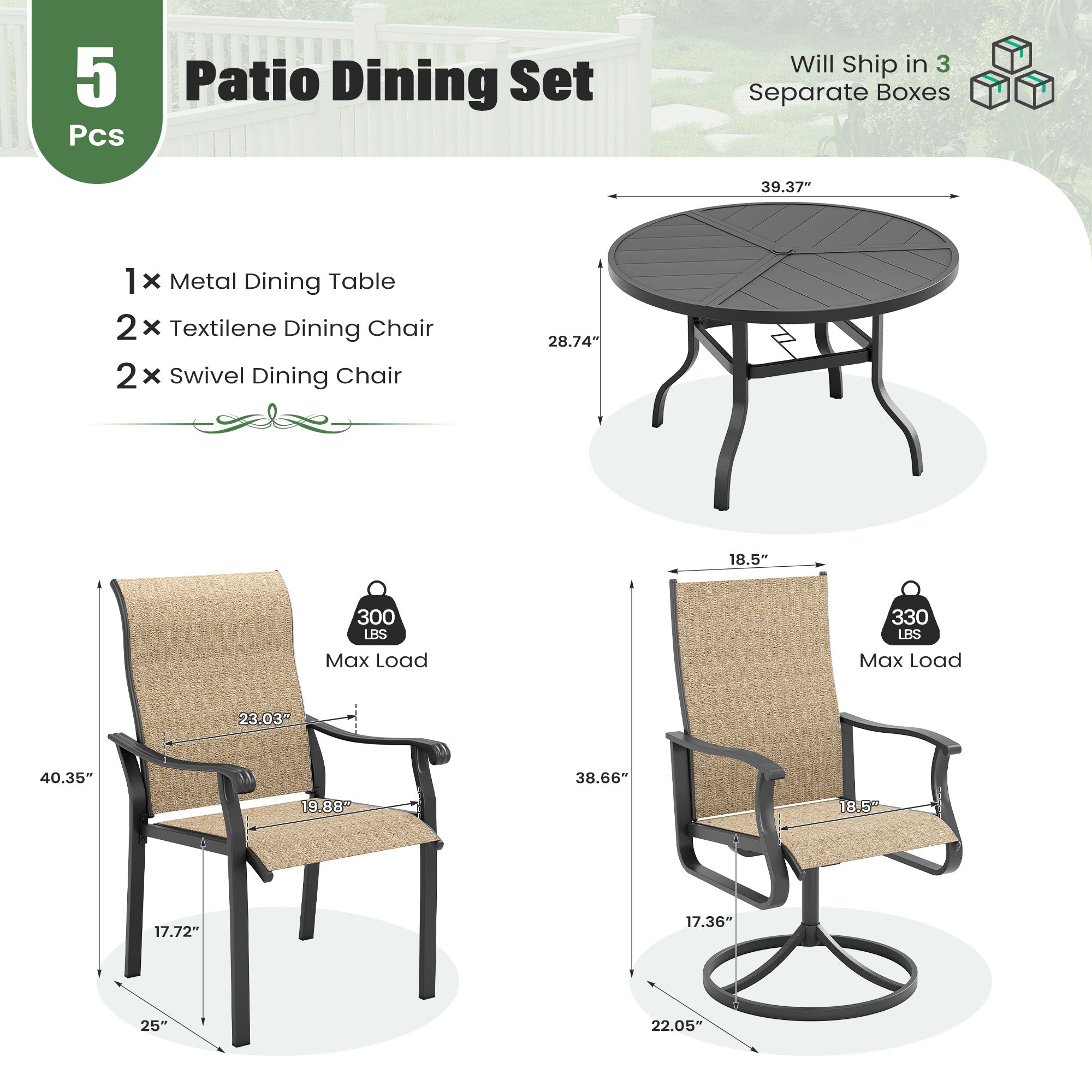 UDPATIO 5 Piece Patio Dining Set for 4, Patio Outdoor Table and Chairs, 39" Black Round Table with Umbrella Hole, Brown Patio Chairs, Patio Dining Set Outdoor Dining Set for Lawn, Backyard, Deck